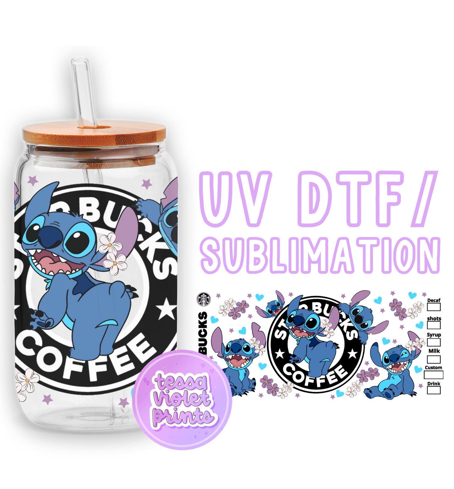 a glass jar with a straw lid and a sticker of stitch stitch stitch stitch