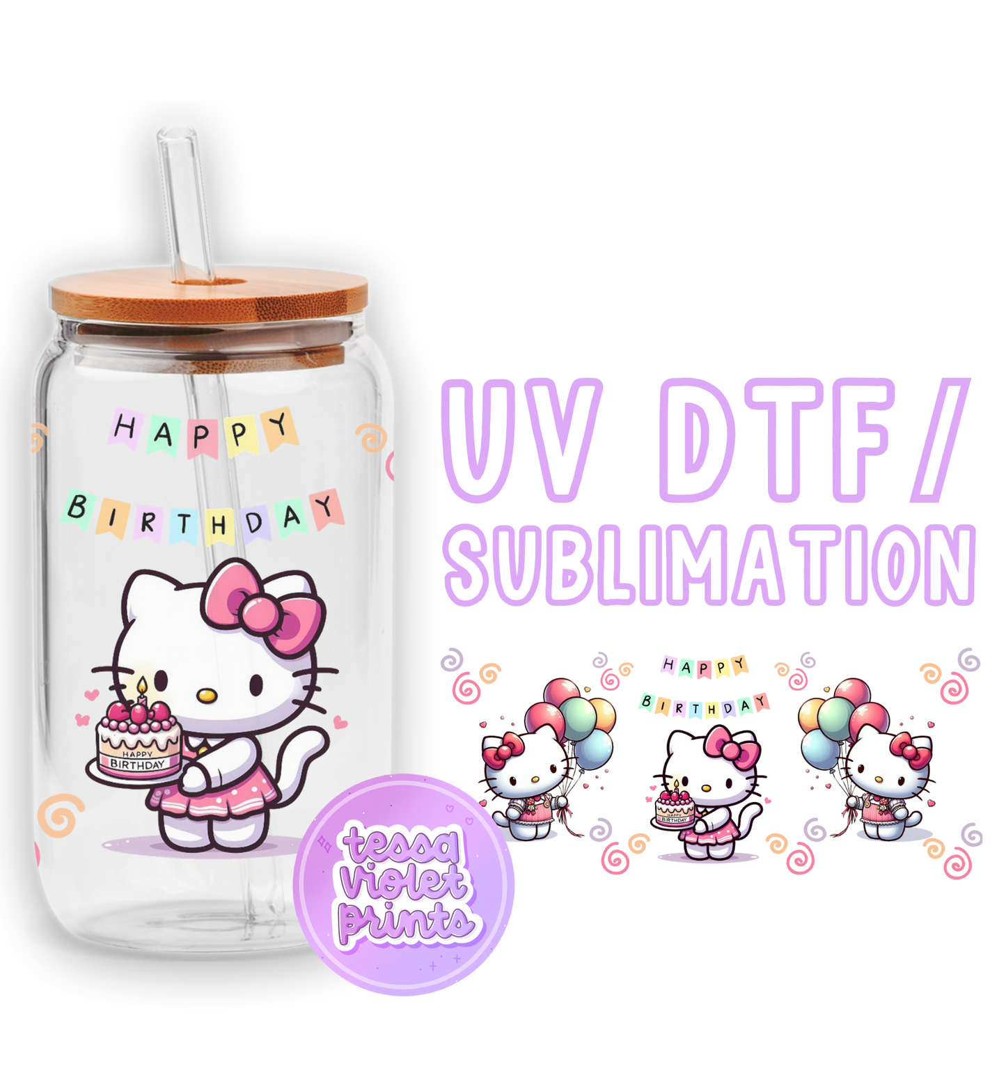 a glass jar with a hello kitty design on it