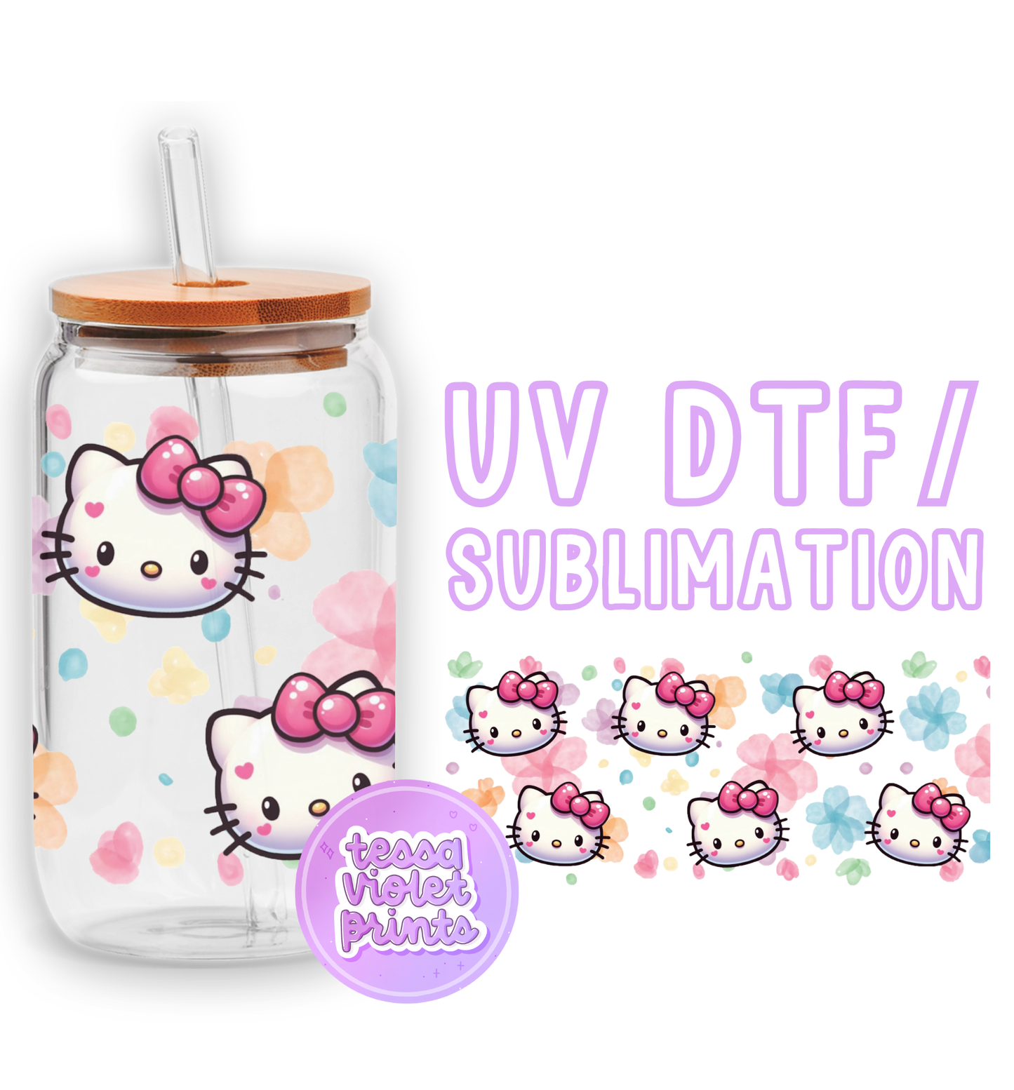 a glass jar with a hello kitty design on it