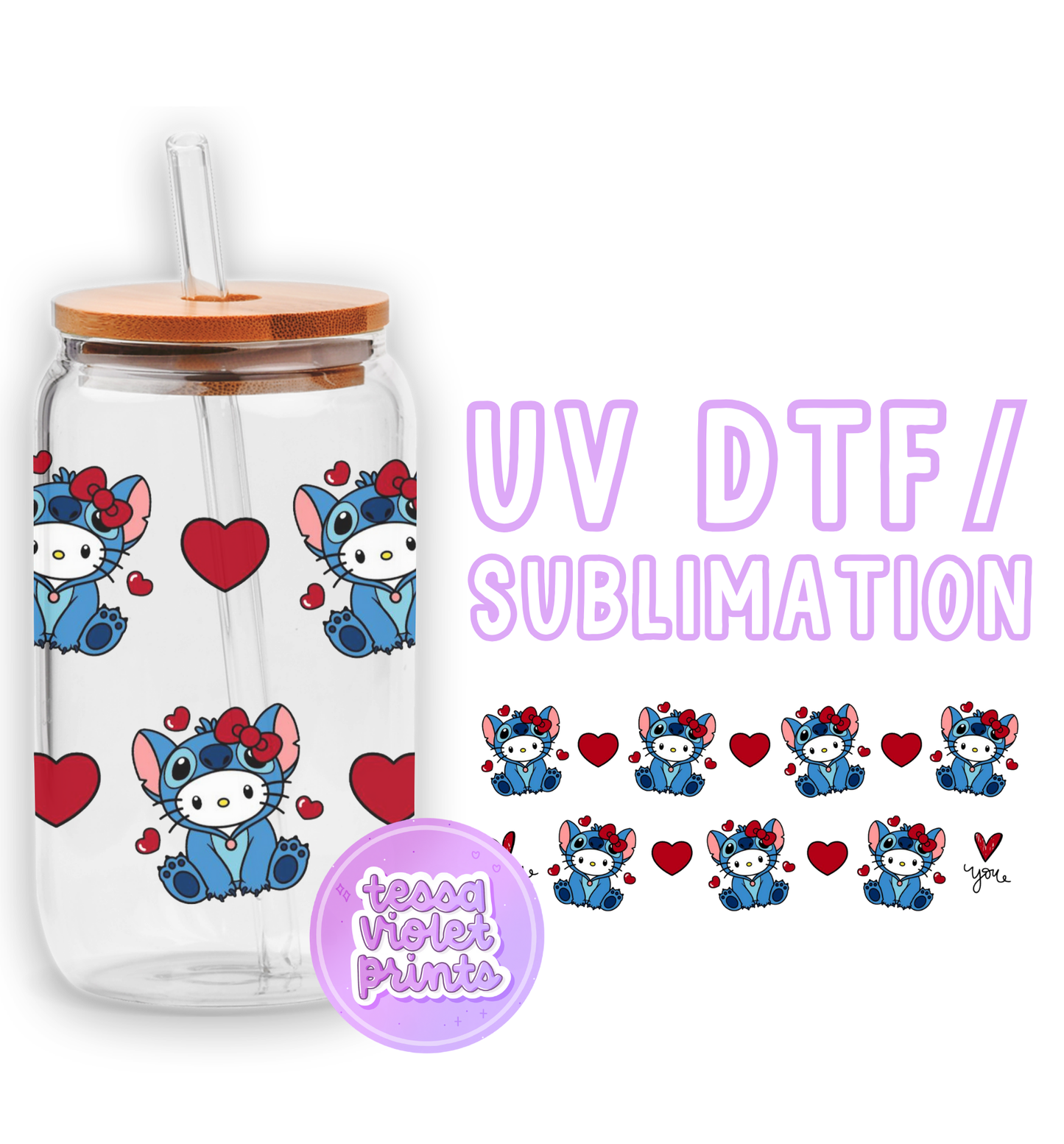 a glass jar with a straw lid and a sticker with a picture of a