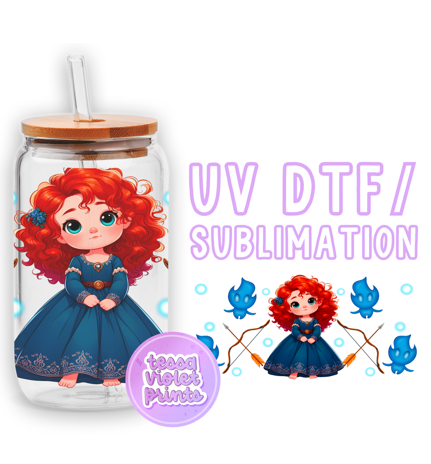 a picture of a girl with red hair and a blue dress