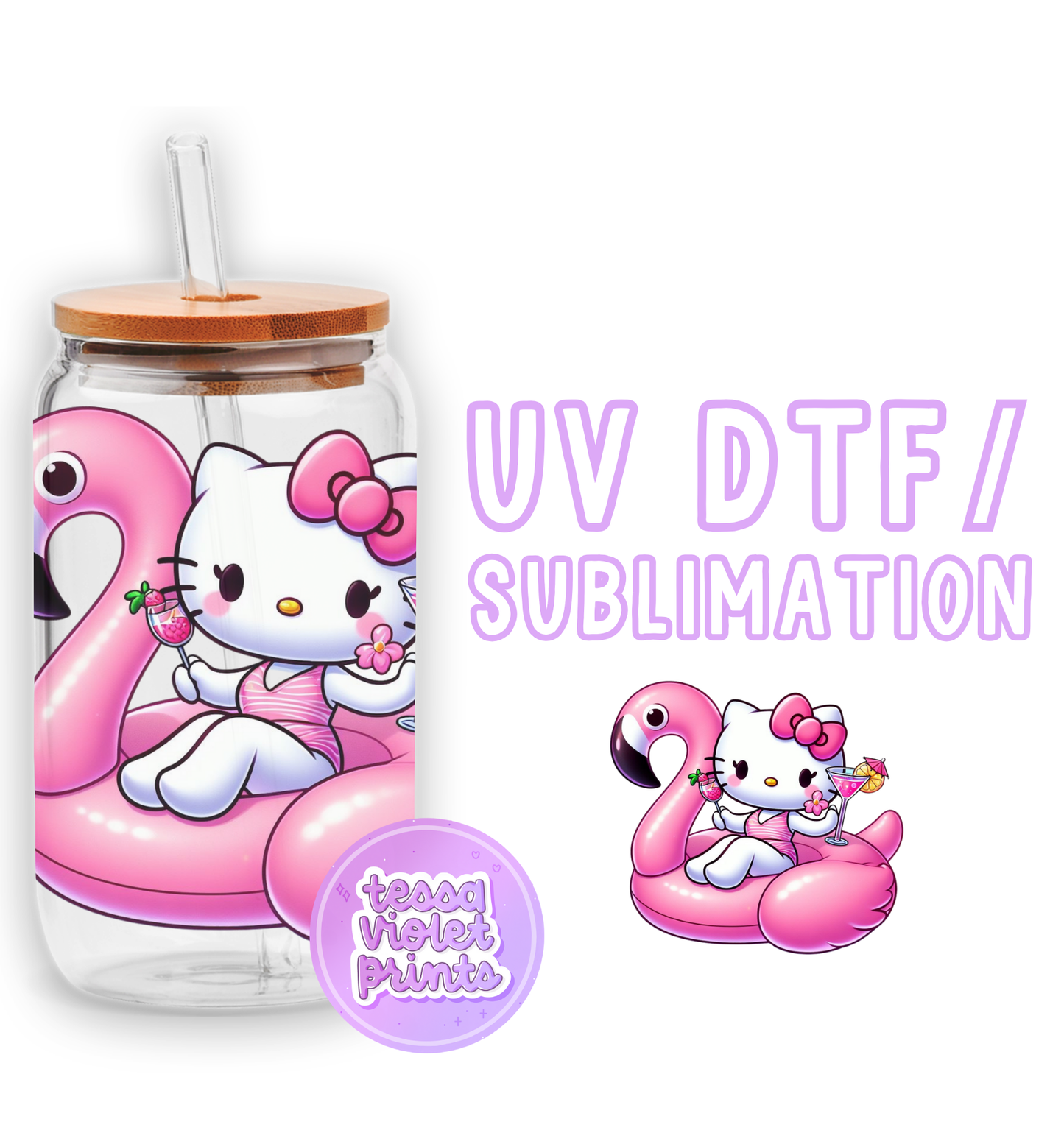 a picture of a hello kitty drinking from a pink flamingo