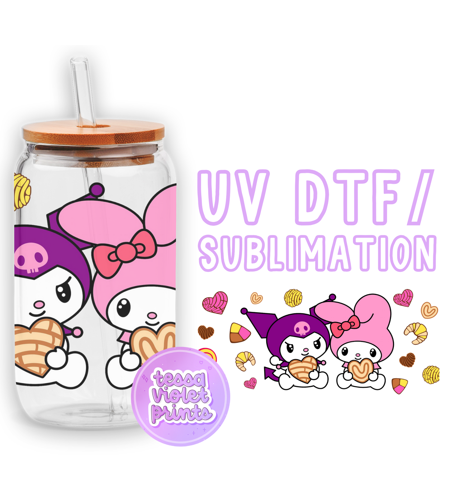 a glass jar with hello kitty stickers on it