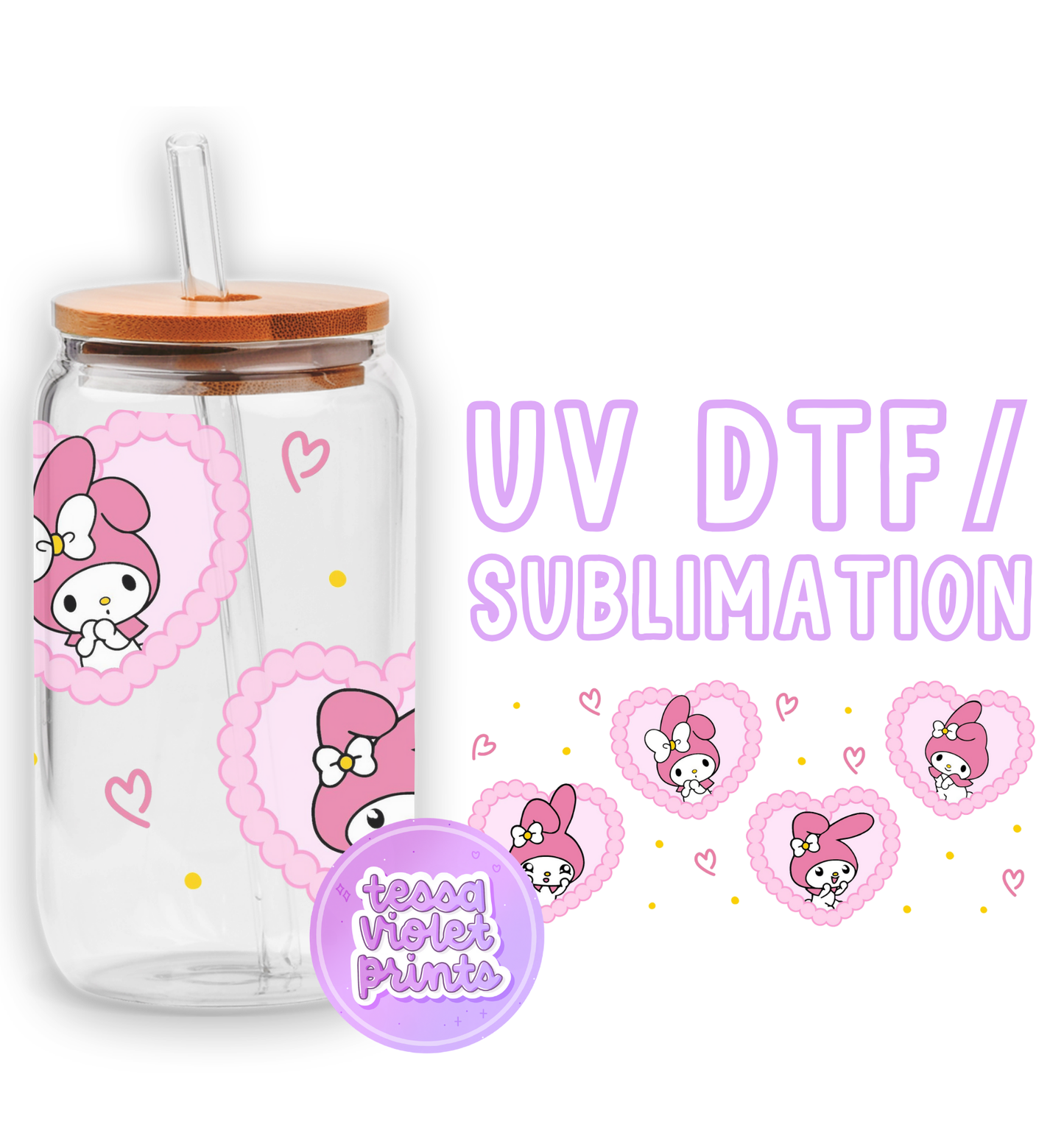 a glass cup with a hello kitty sticker on it