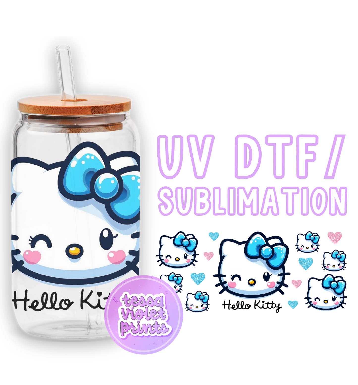 a glass jar with hello kitty stickers on it