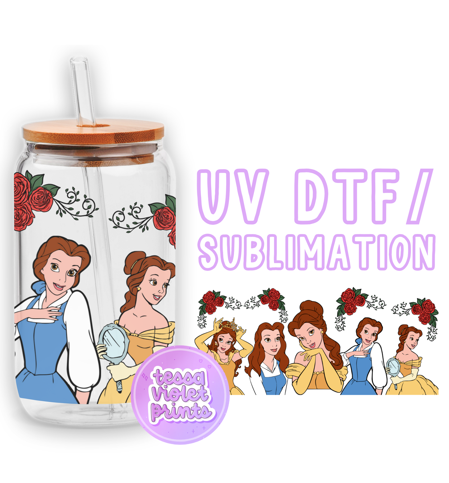 a glass with a picture of princesses on it