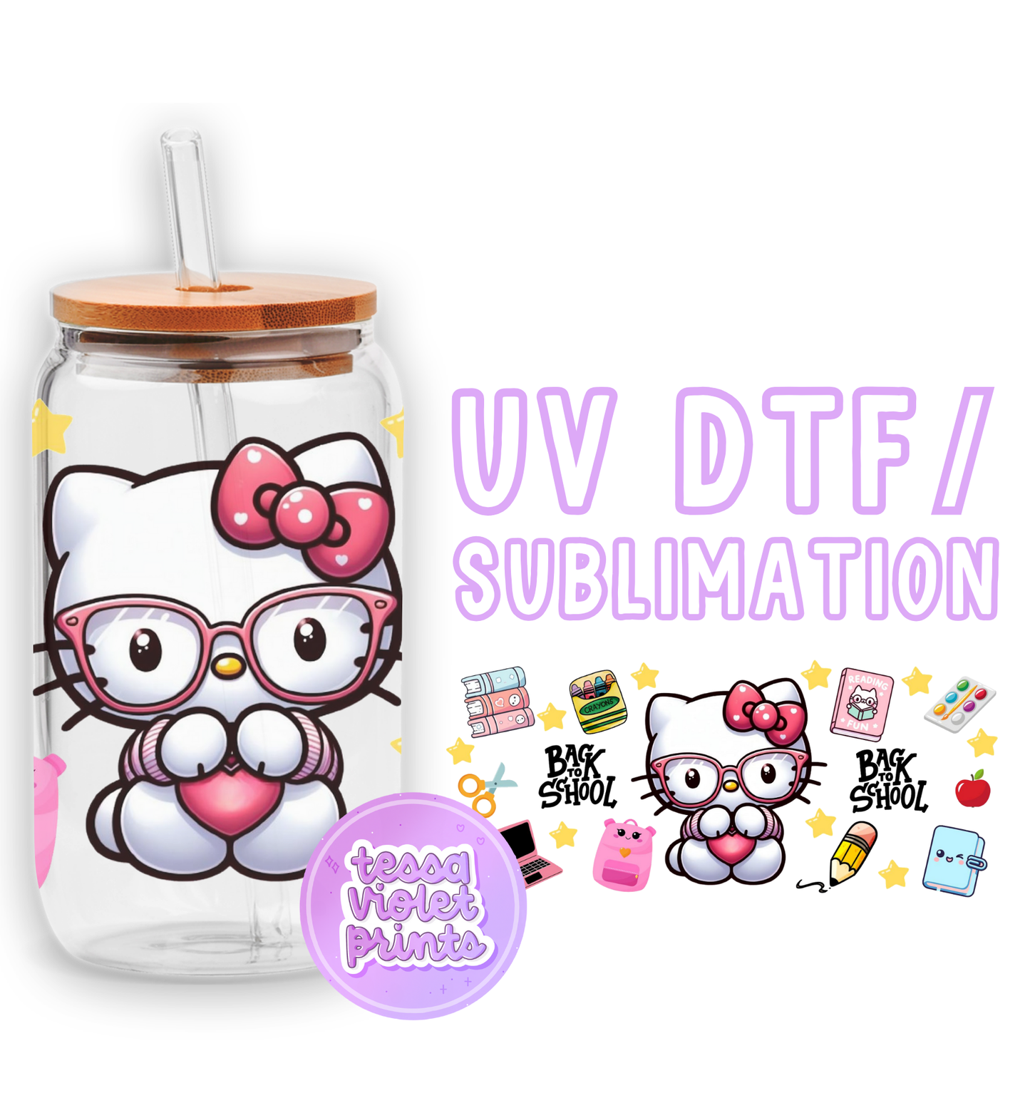 a glass jar with a hello kitty sticker on it