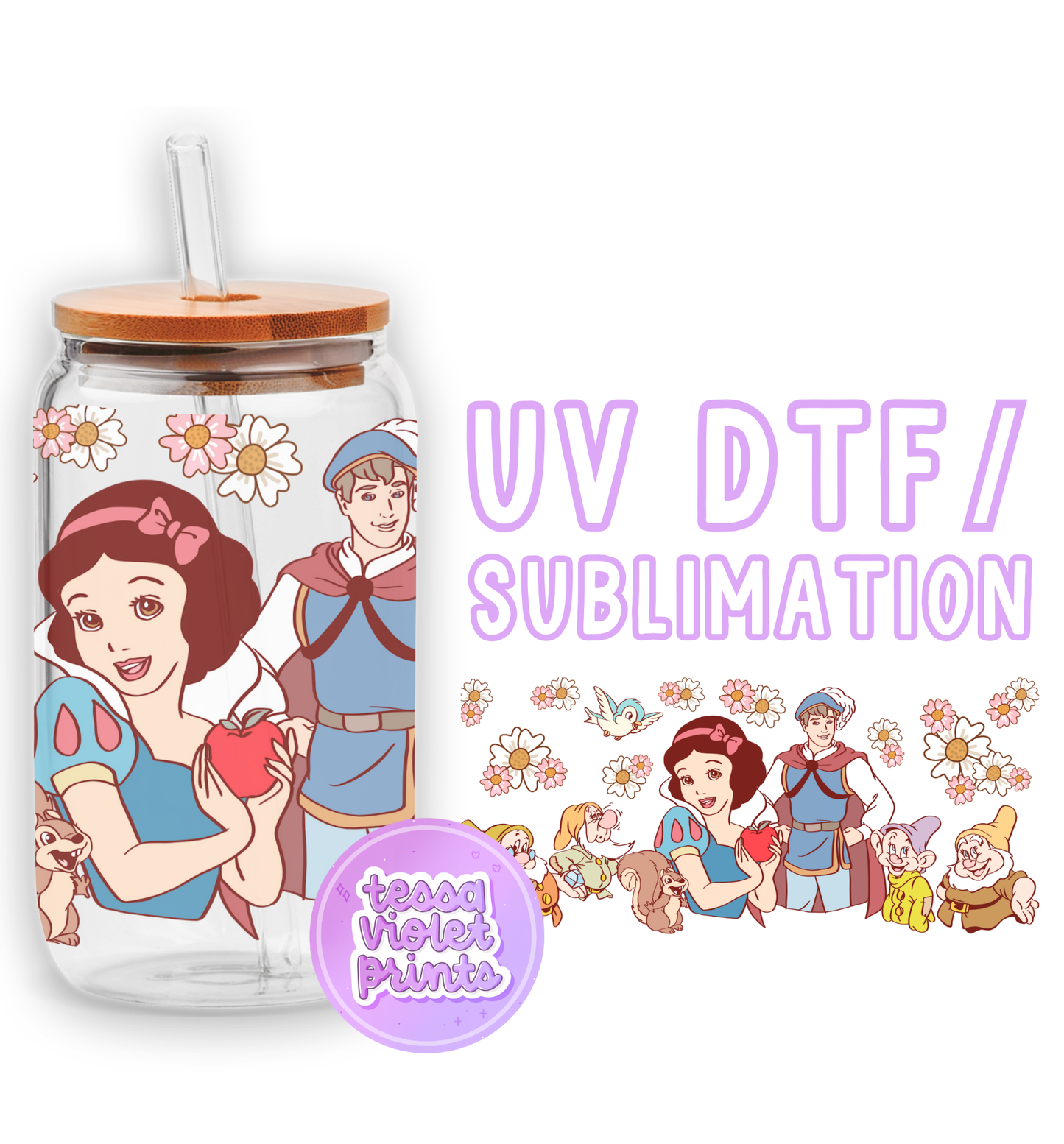 a glass jar with a picture of snow white and prince on it