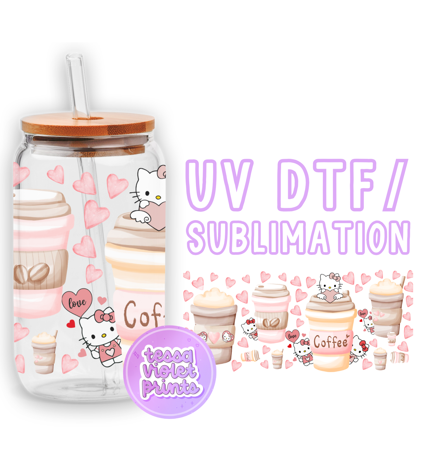 a picture of a cup of coffee with a hello kitty sticker on it