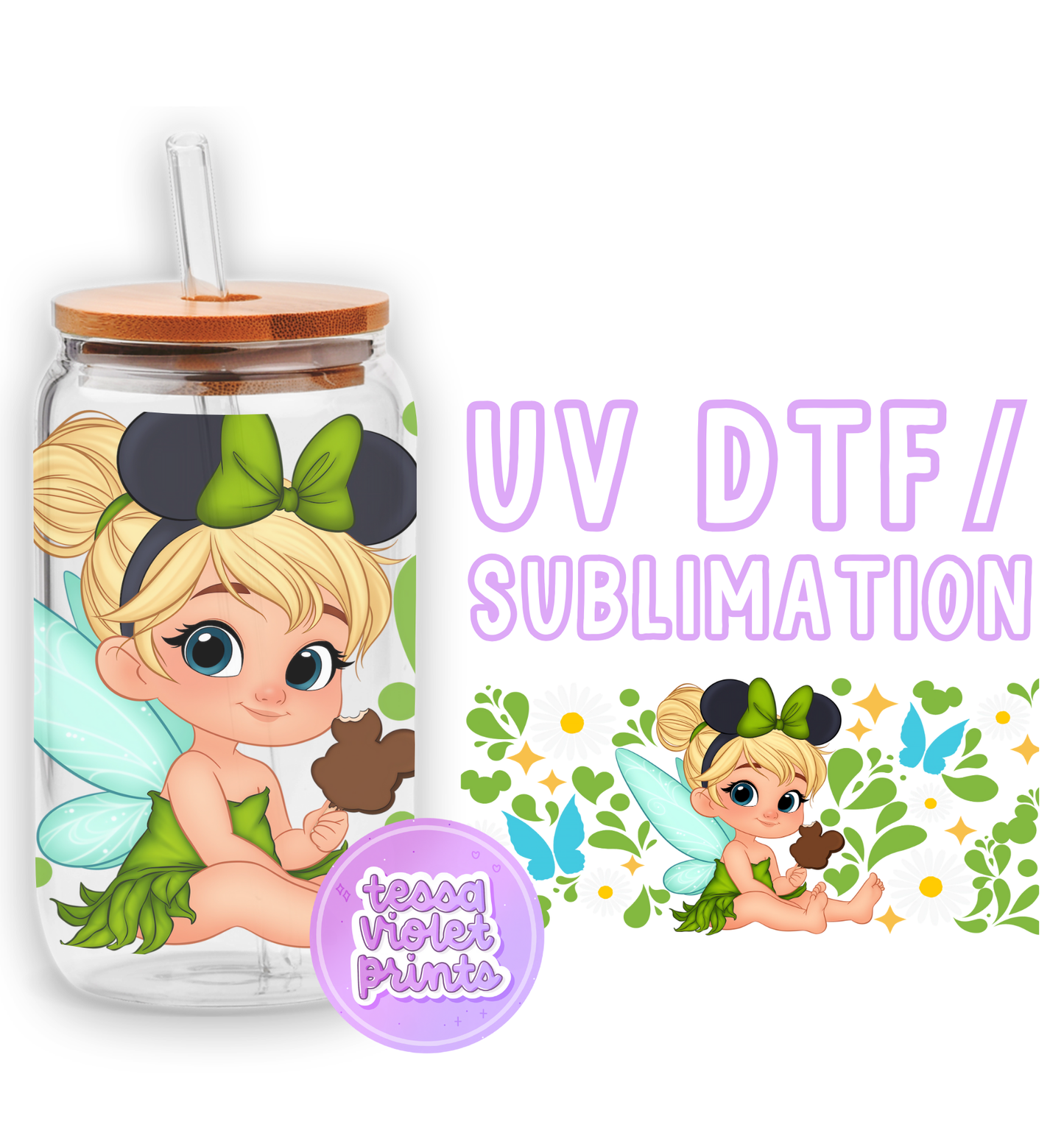 a glass jar with a picture of a fairy on it