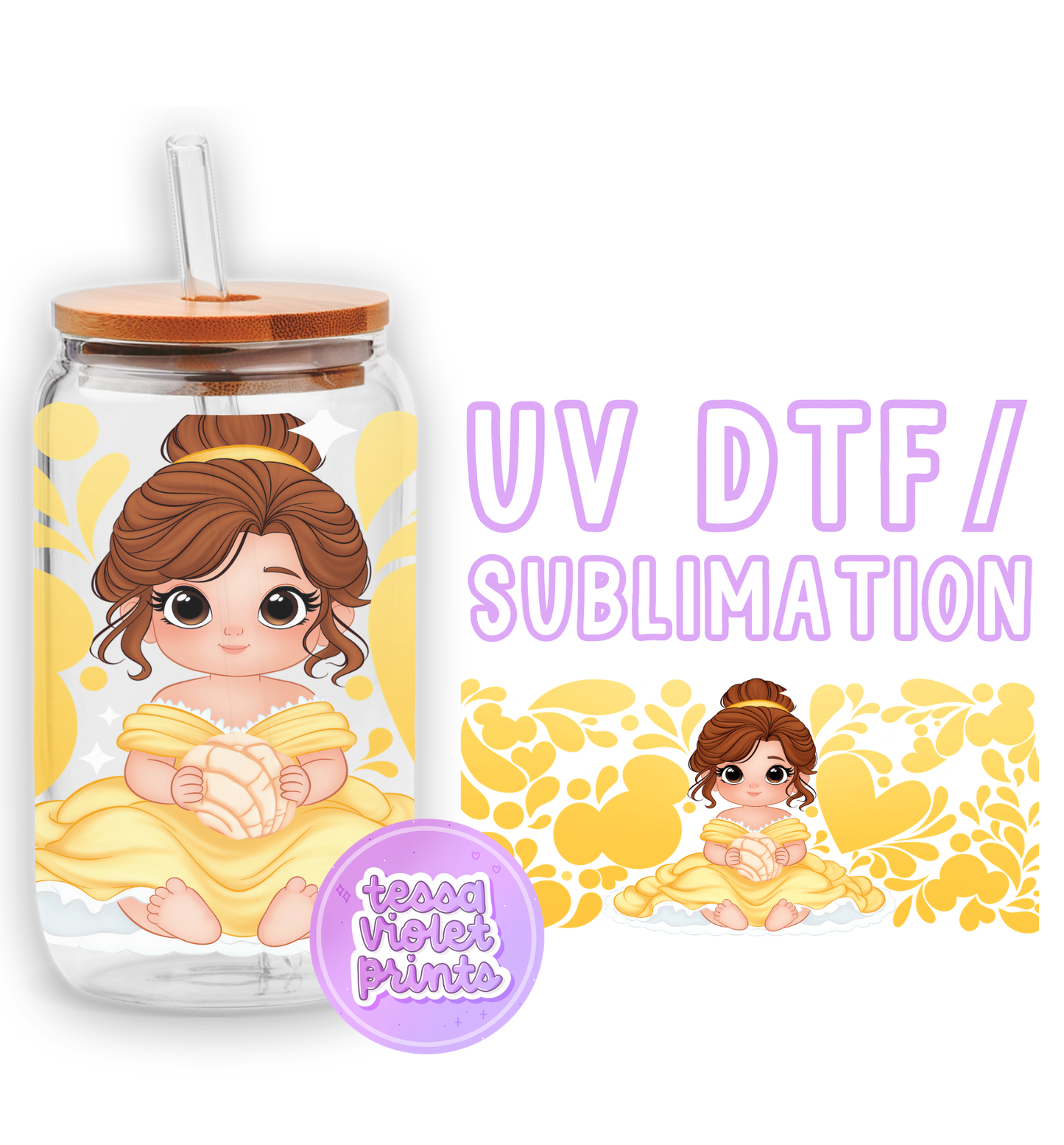 a girl in a yellow dress sitting in a glass jar