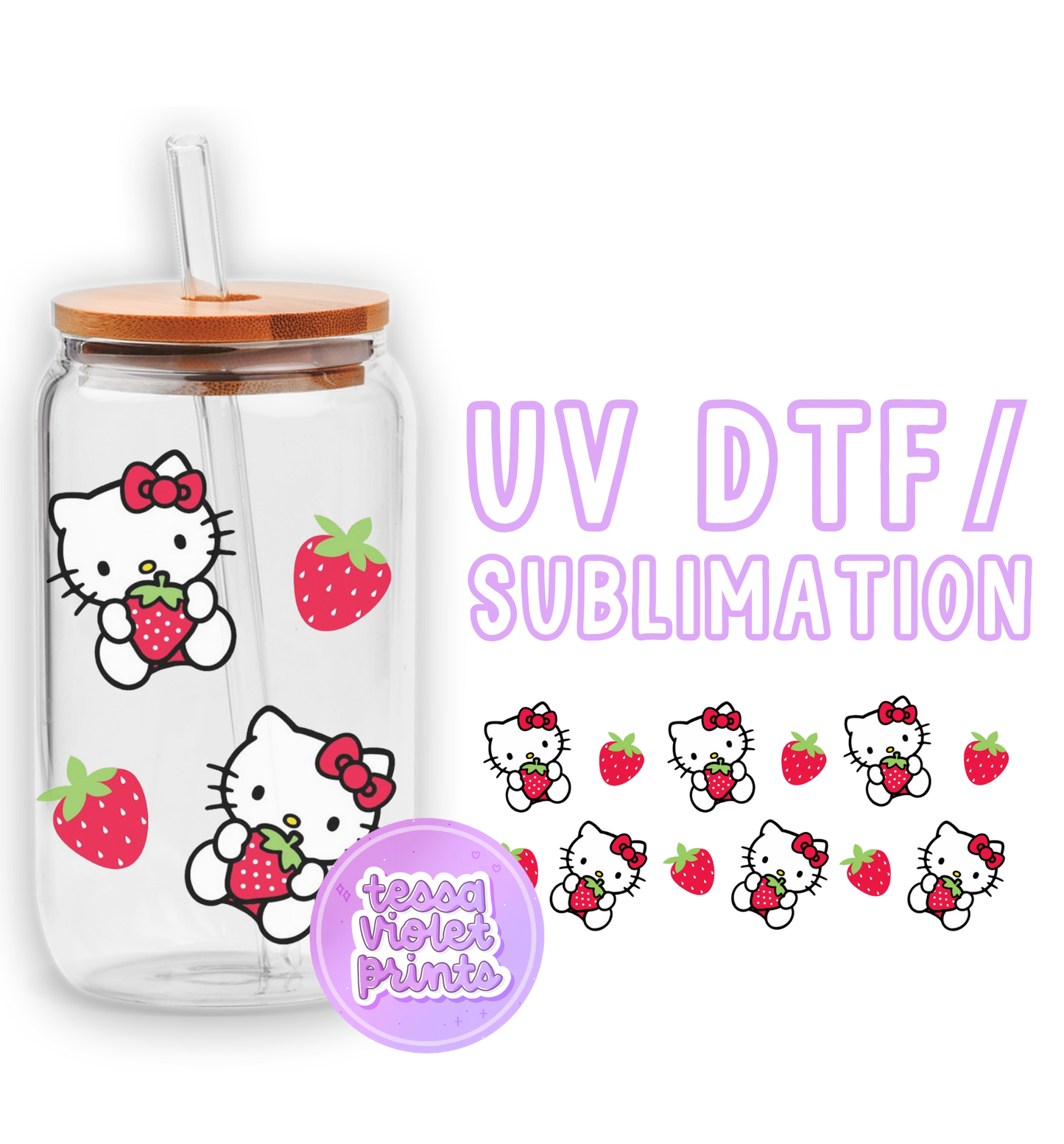 a glass jar with strawberries and hello kitty stickers on it