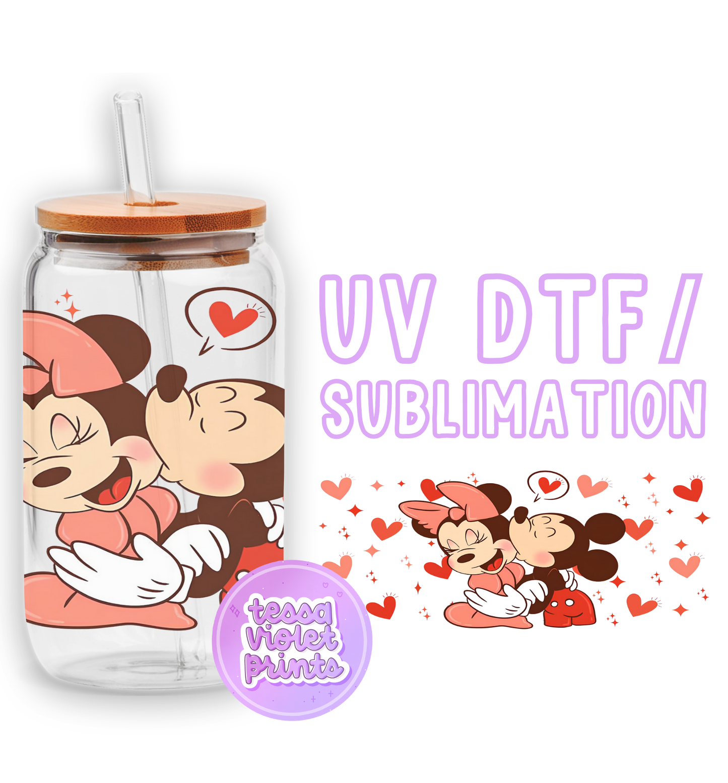 a mickey mouse and minnie mouse drinking bottle next to a sticker