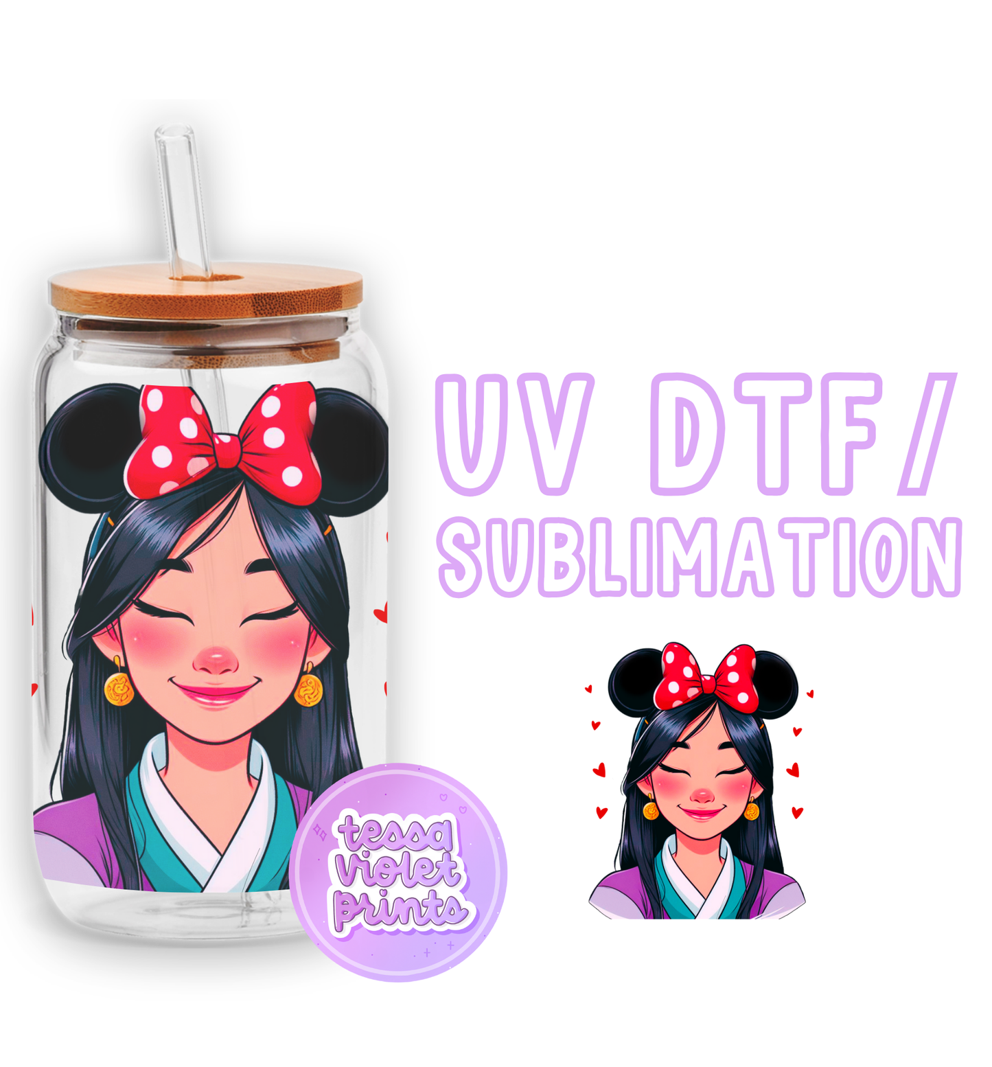 a glass jar with a picture of a girl wearing a minnie mouse head