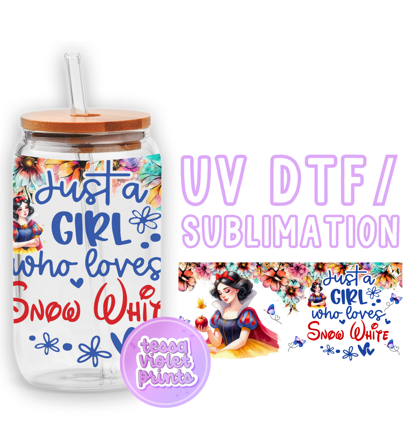 a glass jar with a straw lid and a sticker with a picture of snow