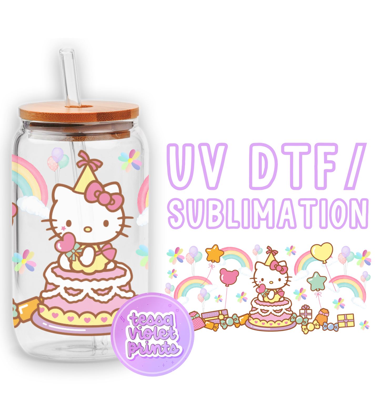 a glass jar with a hello kitty design on it