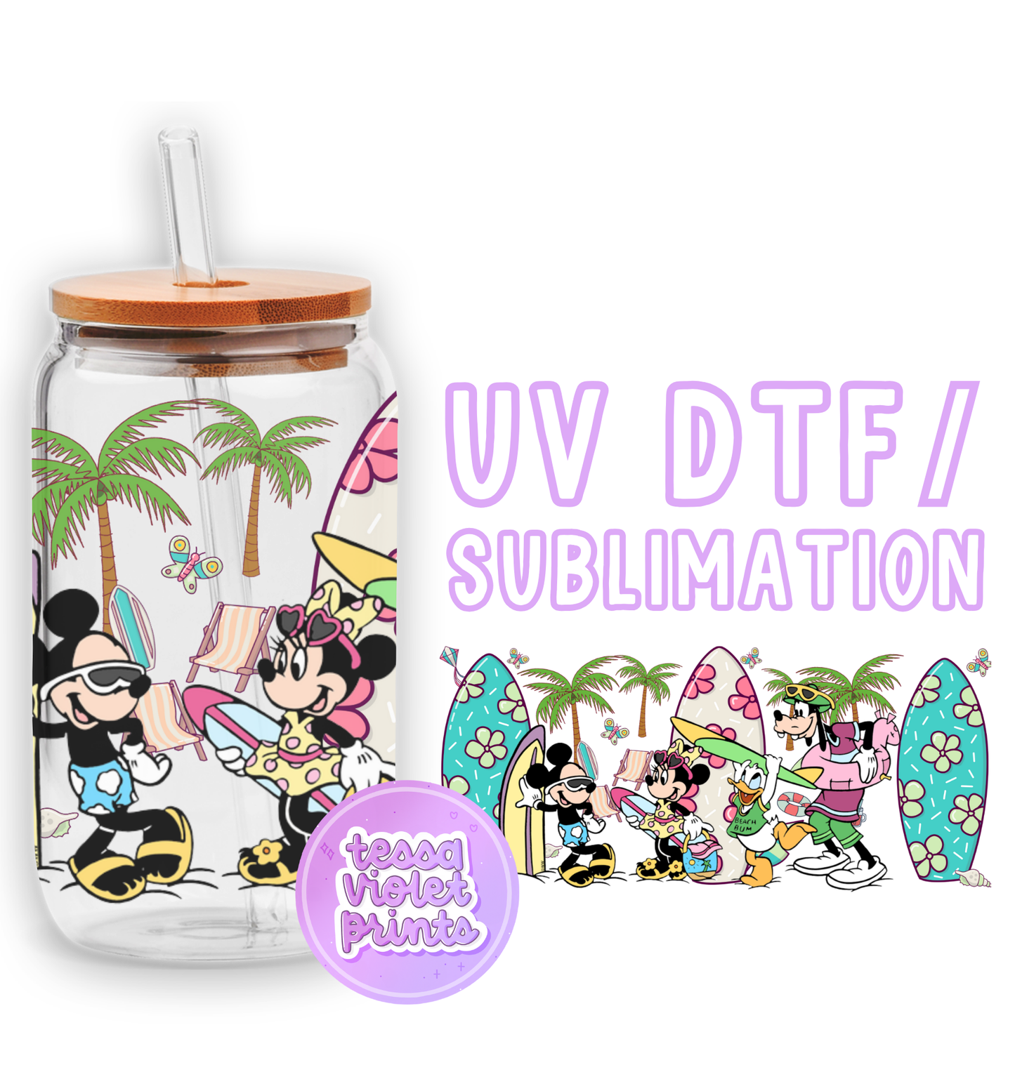 a glass jar with a mickey mouse and other cartoon characters on it