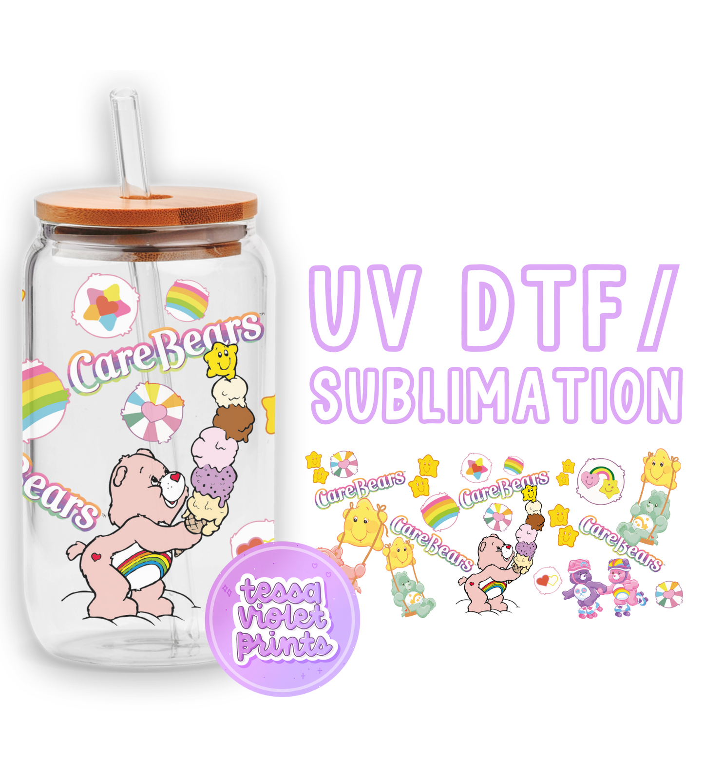 a glass jar with a sticker of a cartoon character