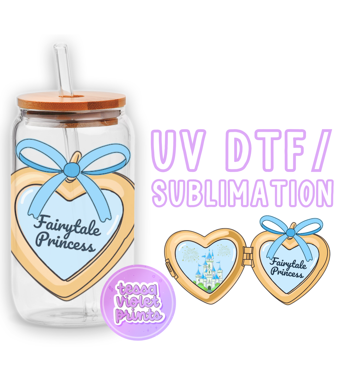 a glass jar with a blue ribbon and a picture of a princess on it