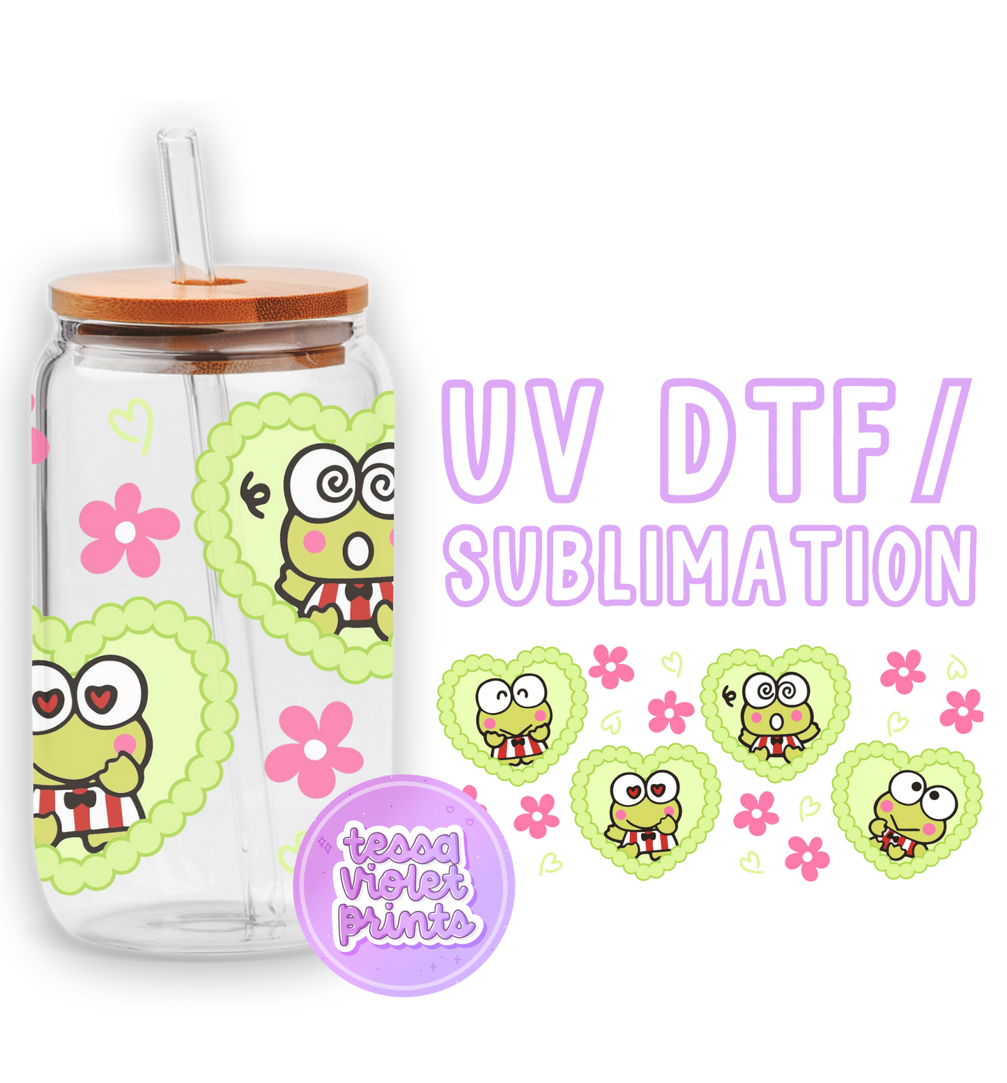 a glass cup with a straw lid and a sticker with a cartoon character on