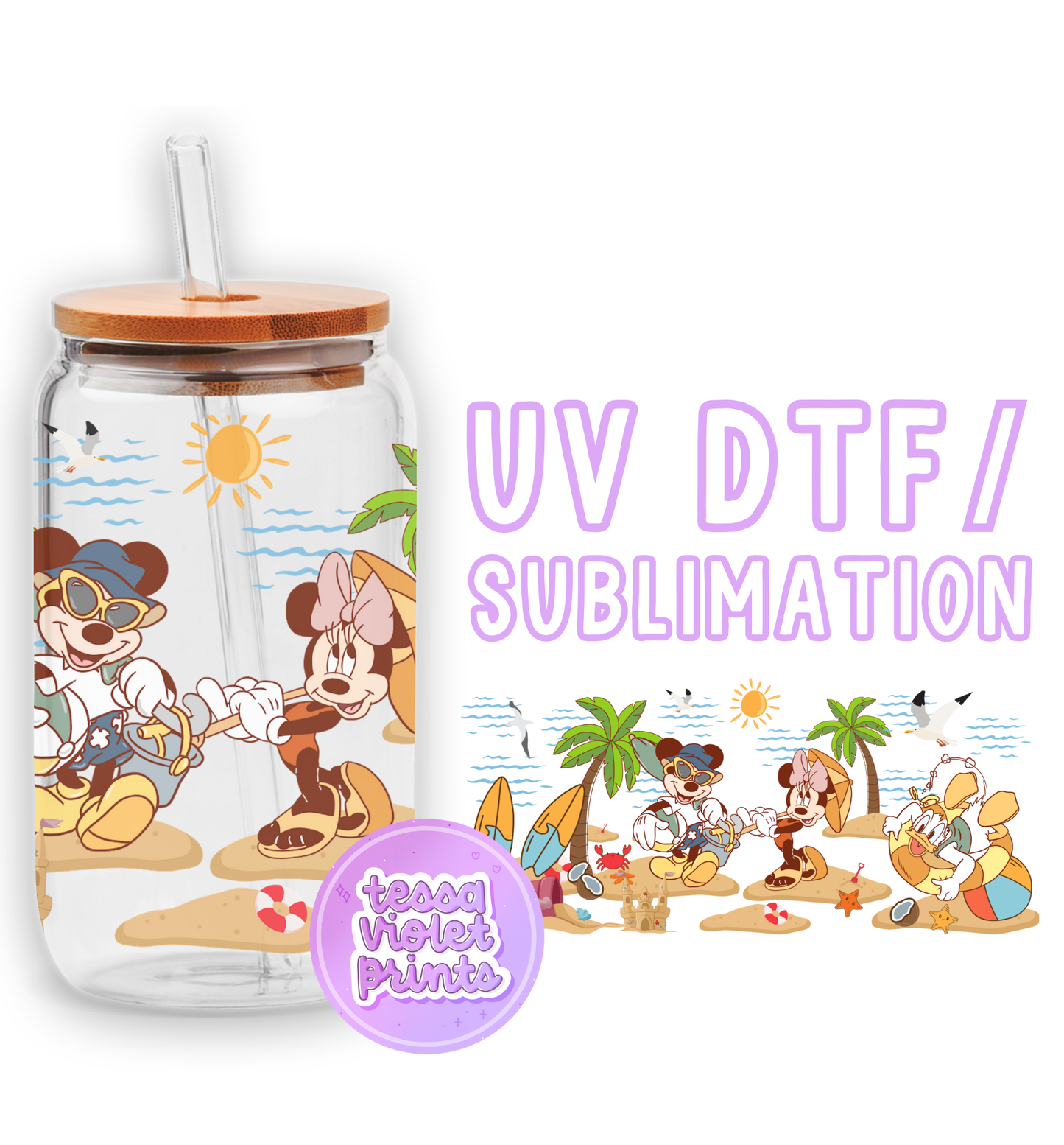 a glass cup with mickey mouse and friends on it