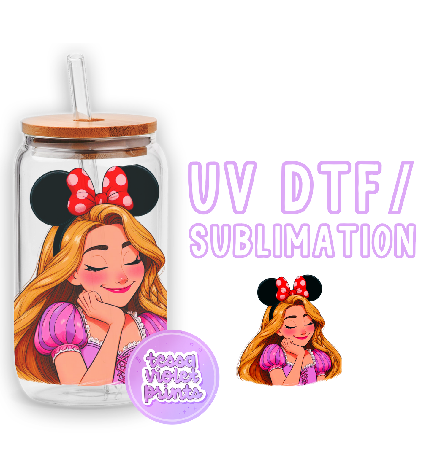a glass jar with a picture of a girl in a minnie mouse outfit