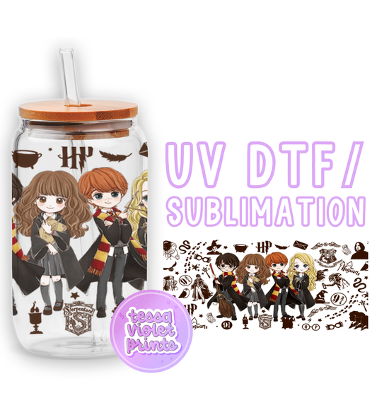 a glass jar with a picture of harry potter and her friends