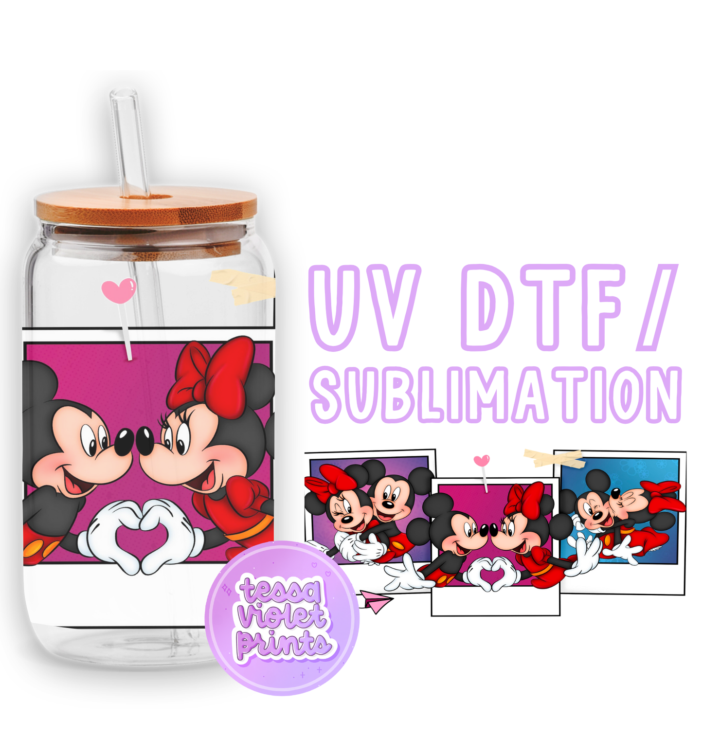 a glass jar with a picture of minnie and mickey mouse in it
