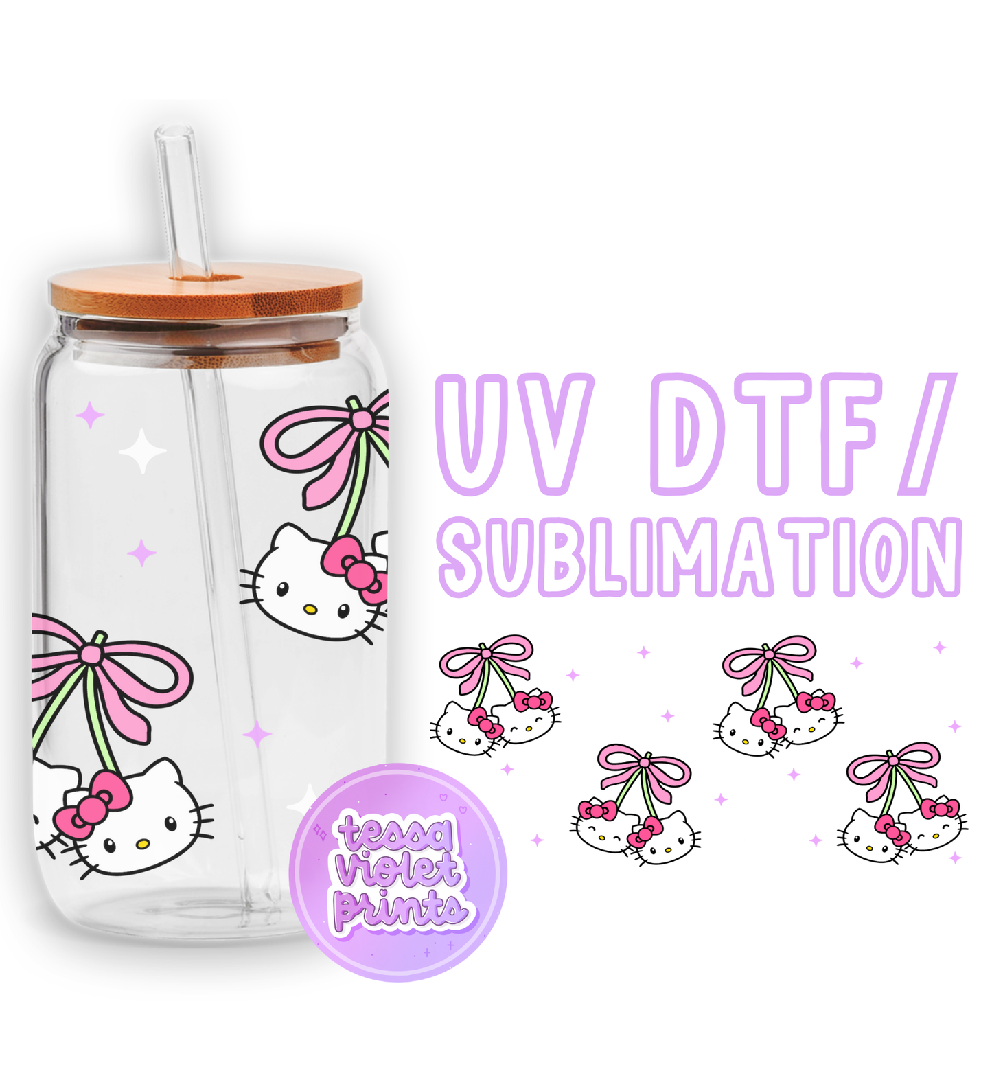 a clear hello kitty tumbler with pink bows and bows on it