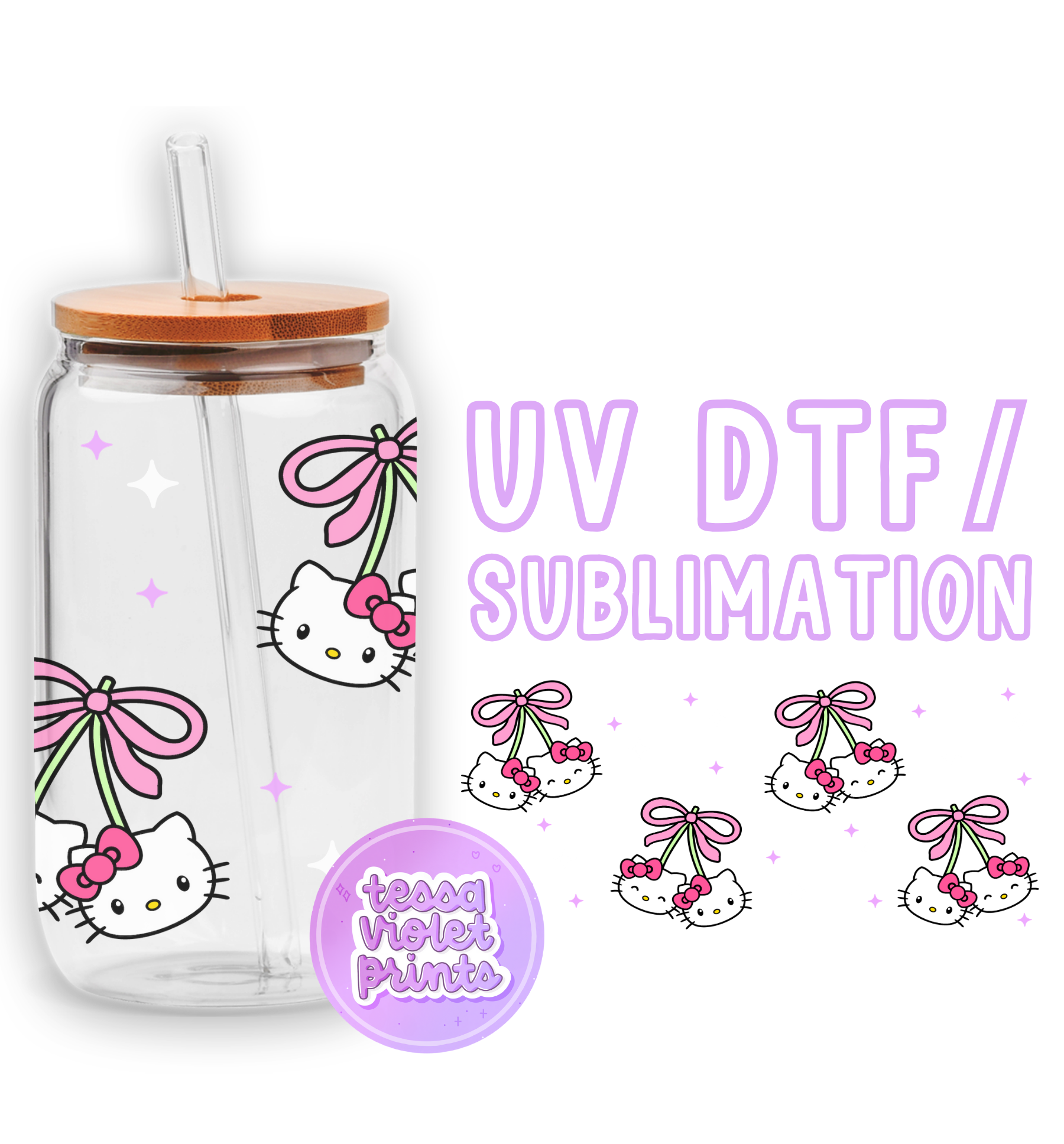 a clear hello kitty tumbler with pink bows and bows on it