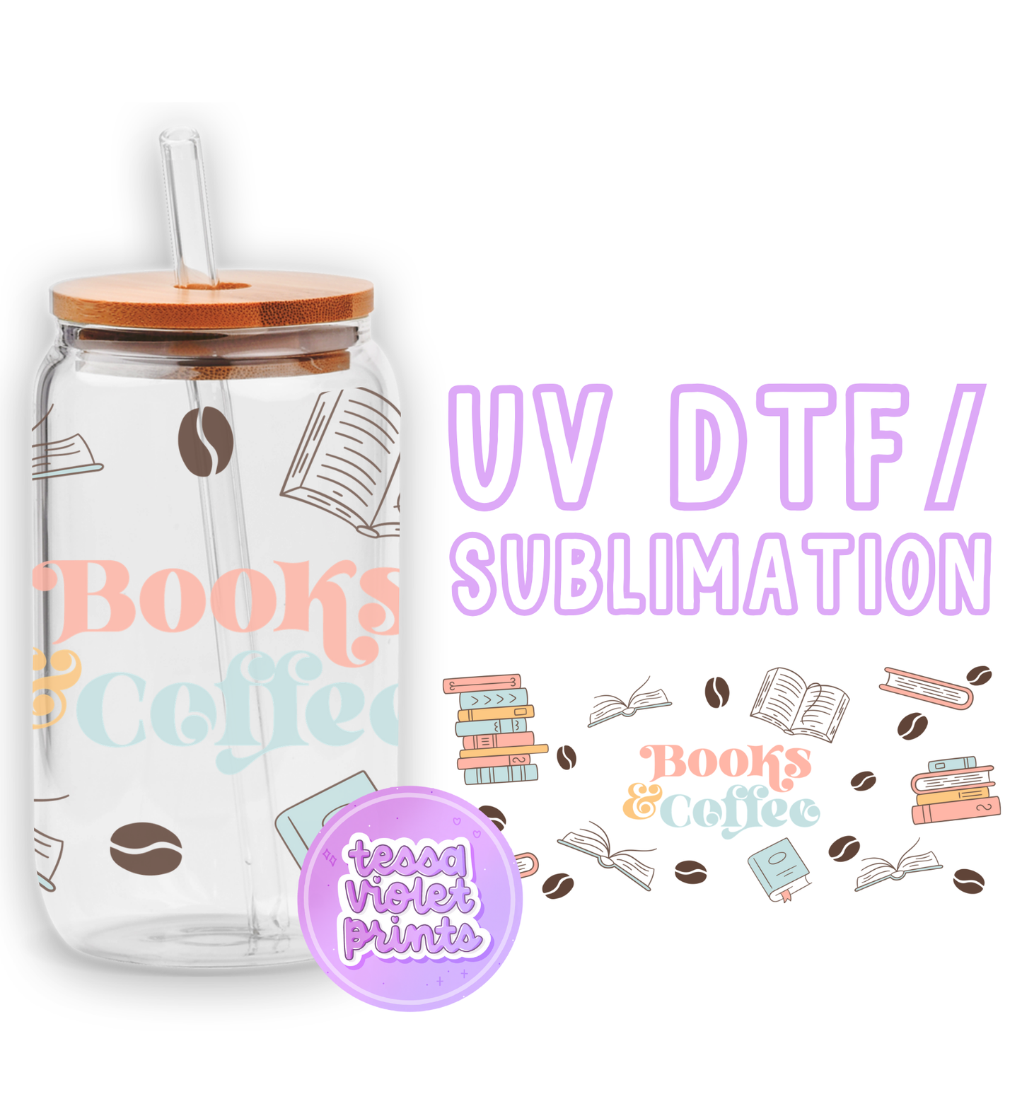 a glass jar with a wooden lid and a sticker with a picture of books