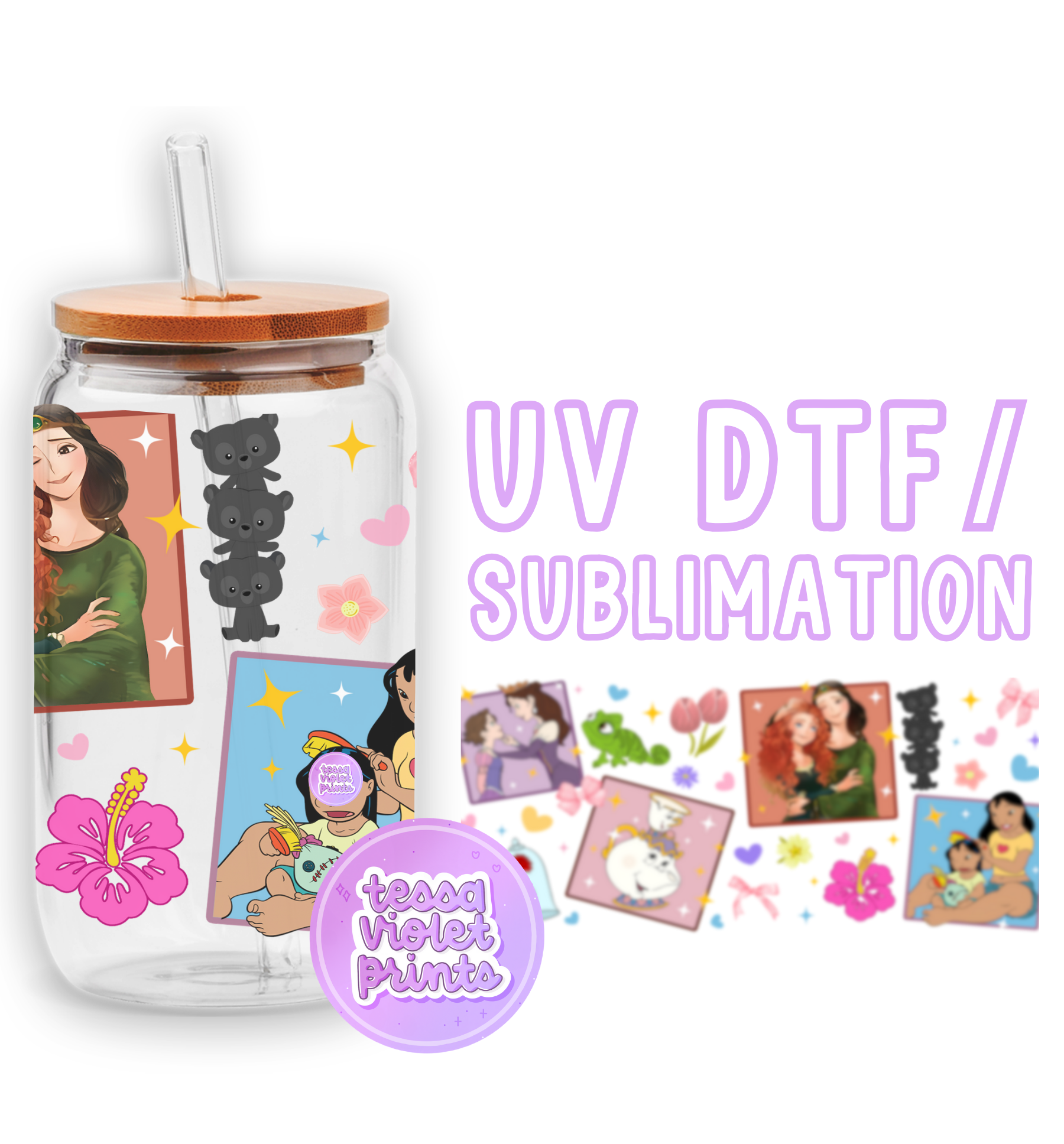 a glass jar with pictures and a straw in it