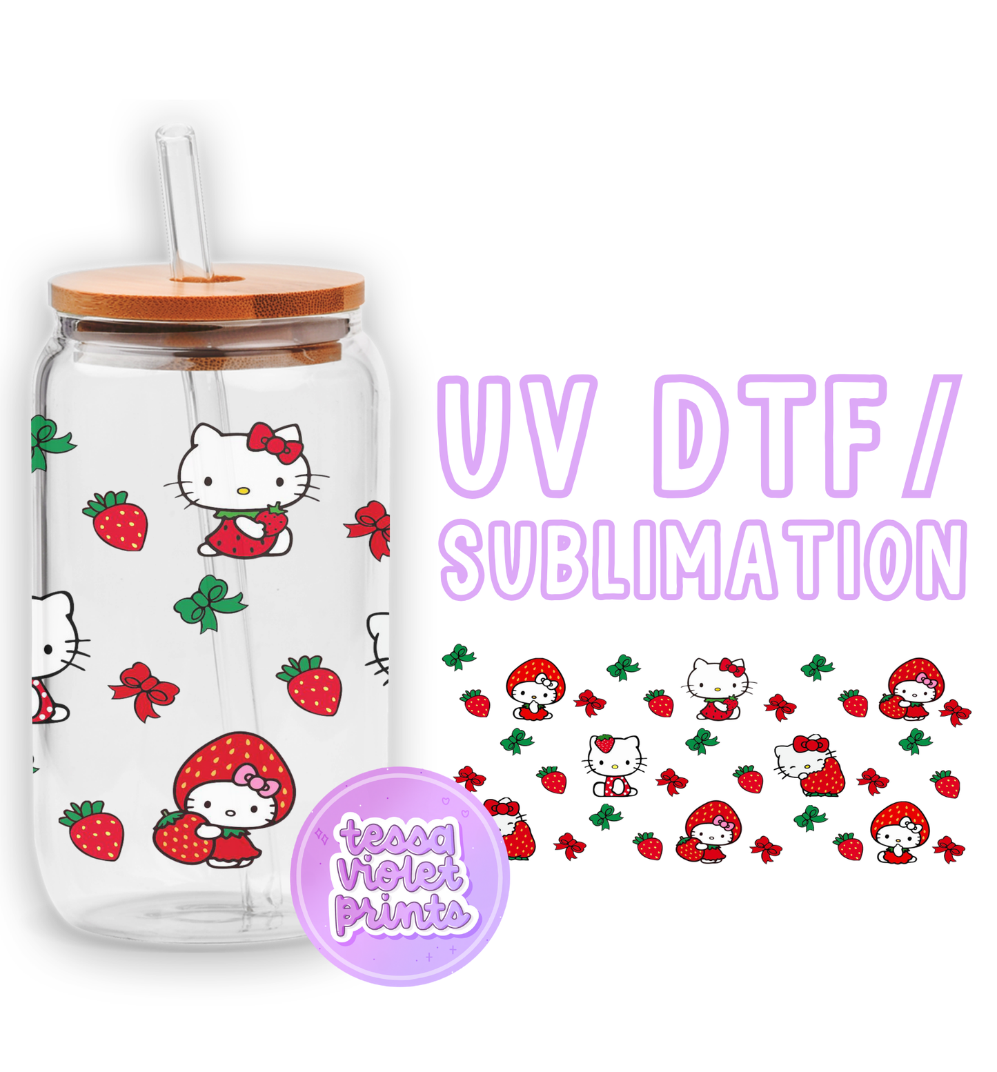 a glass jar with hello kitty stickers on it