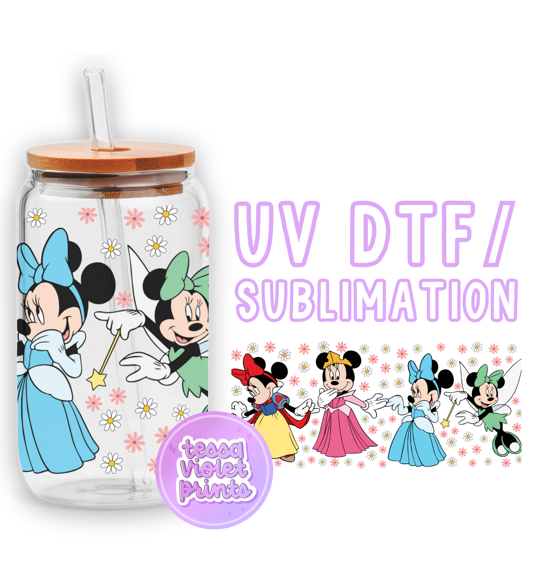 a glass cup with a minnie mouse design on it