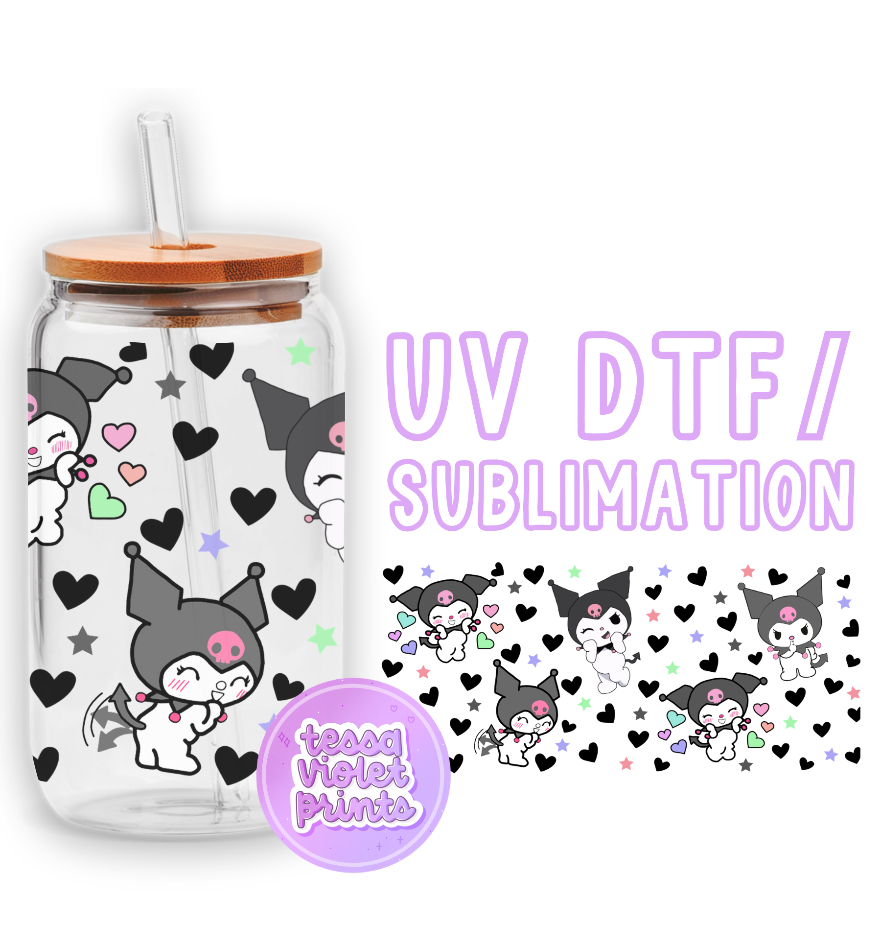 a glass jar with a straw lid and a sticker with hearts and cats on