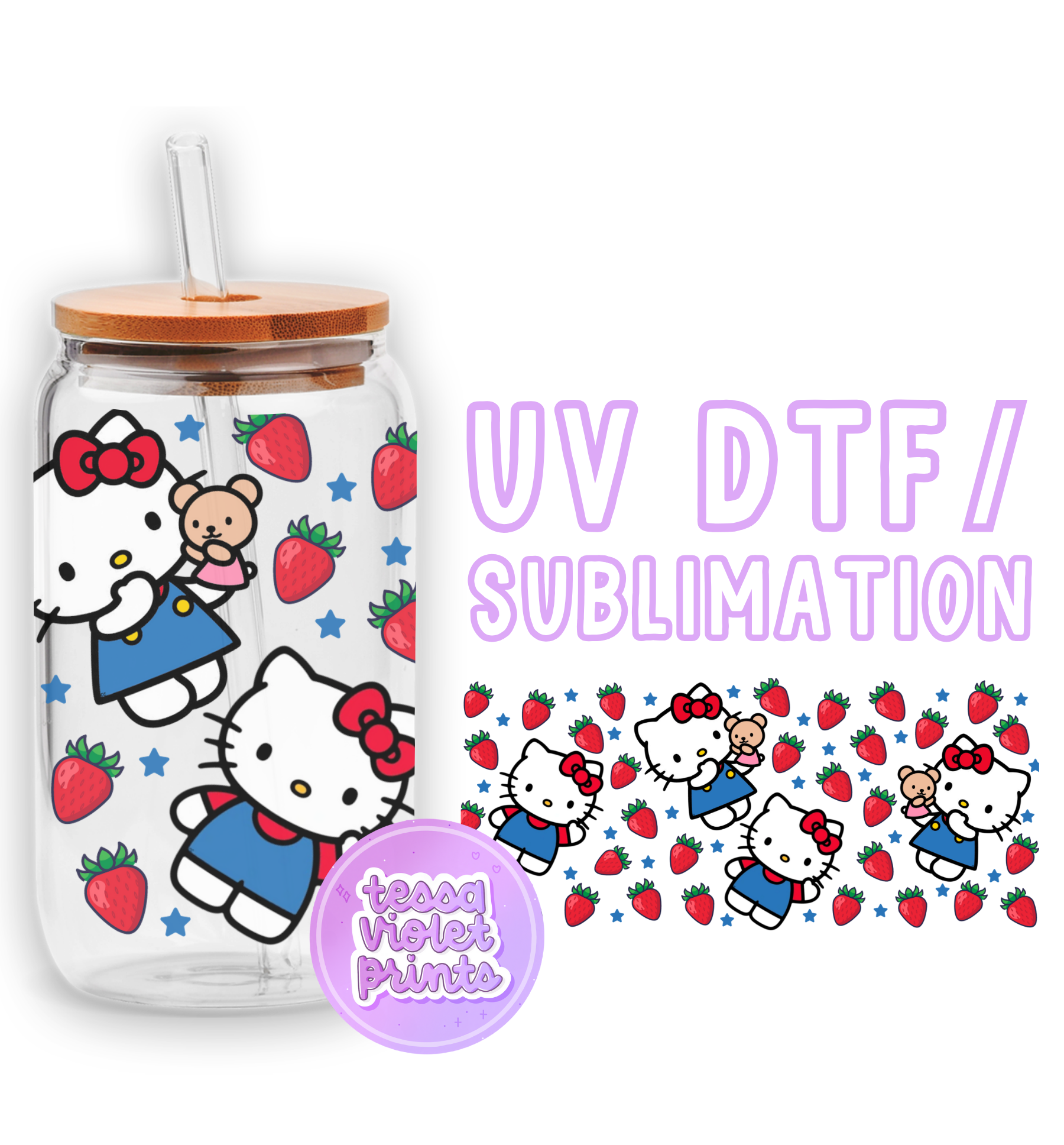 a hello kitty water bottle with strawberries on it