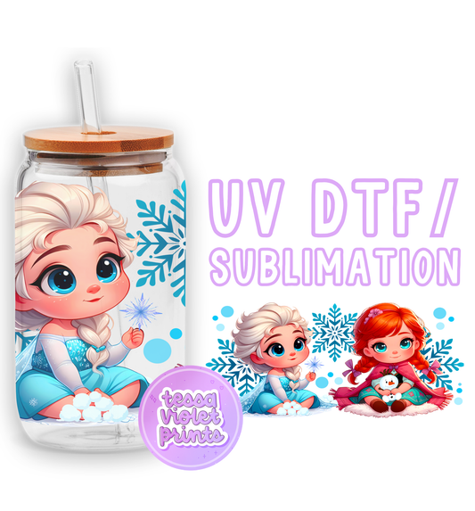 a glass jar with a picture of a girl and a girl with a snowfl