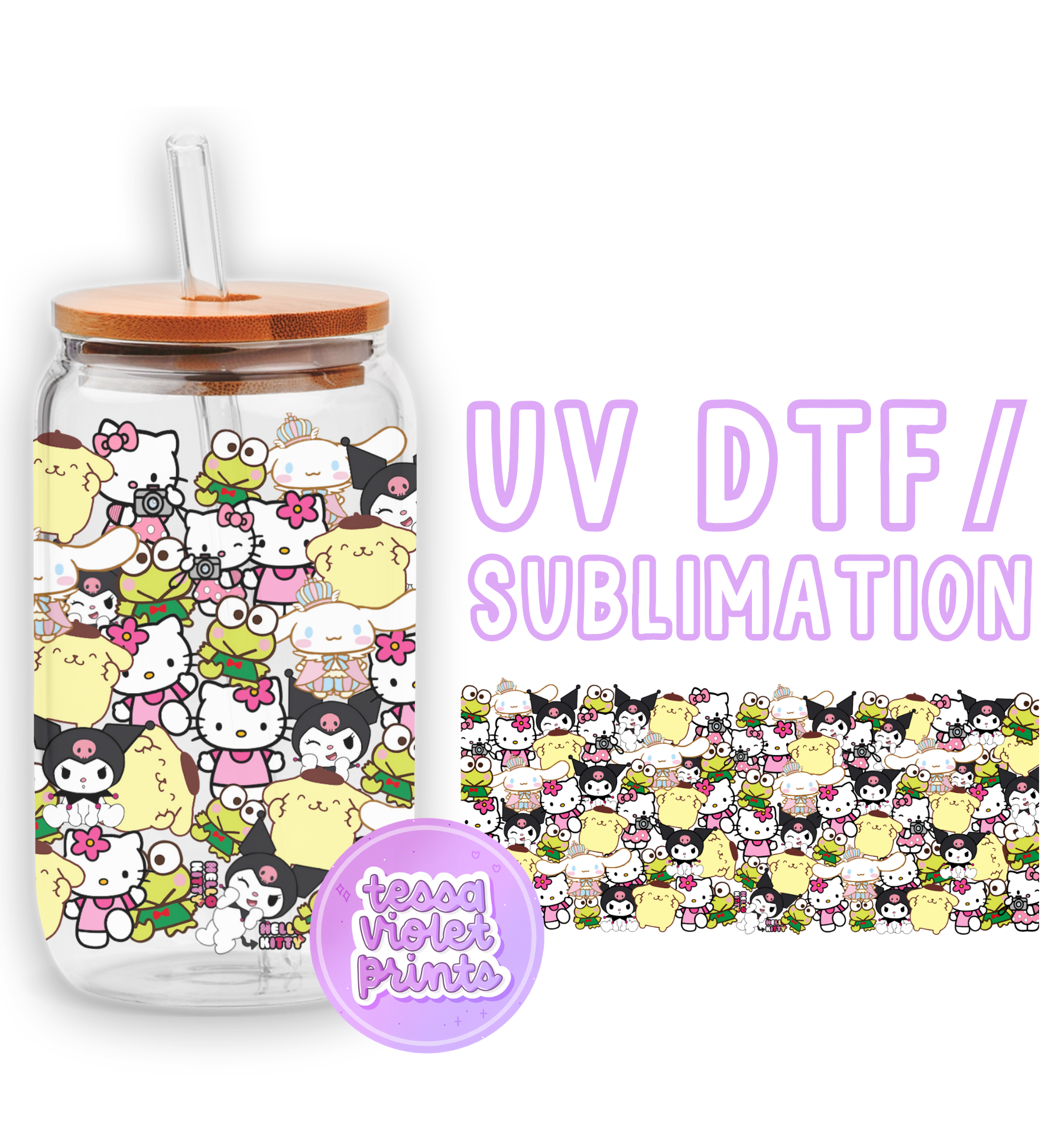 a glass jar with hello kitty stickers on it