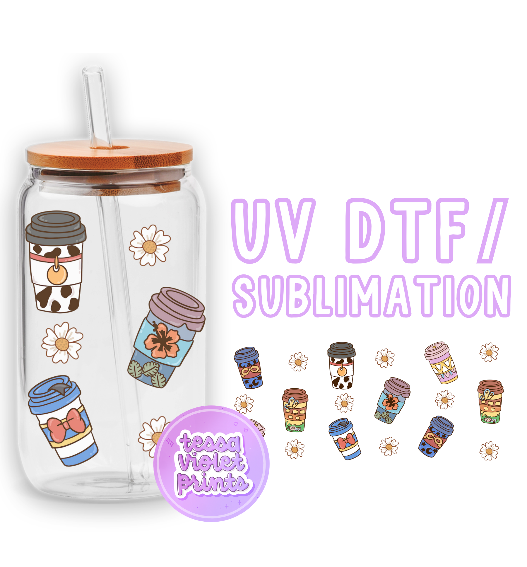 a glass cup with a straw lid and stickers on it