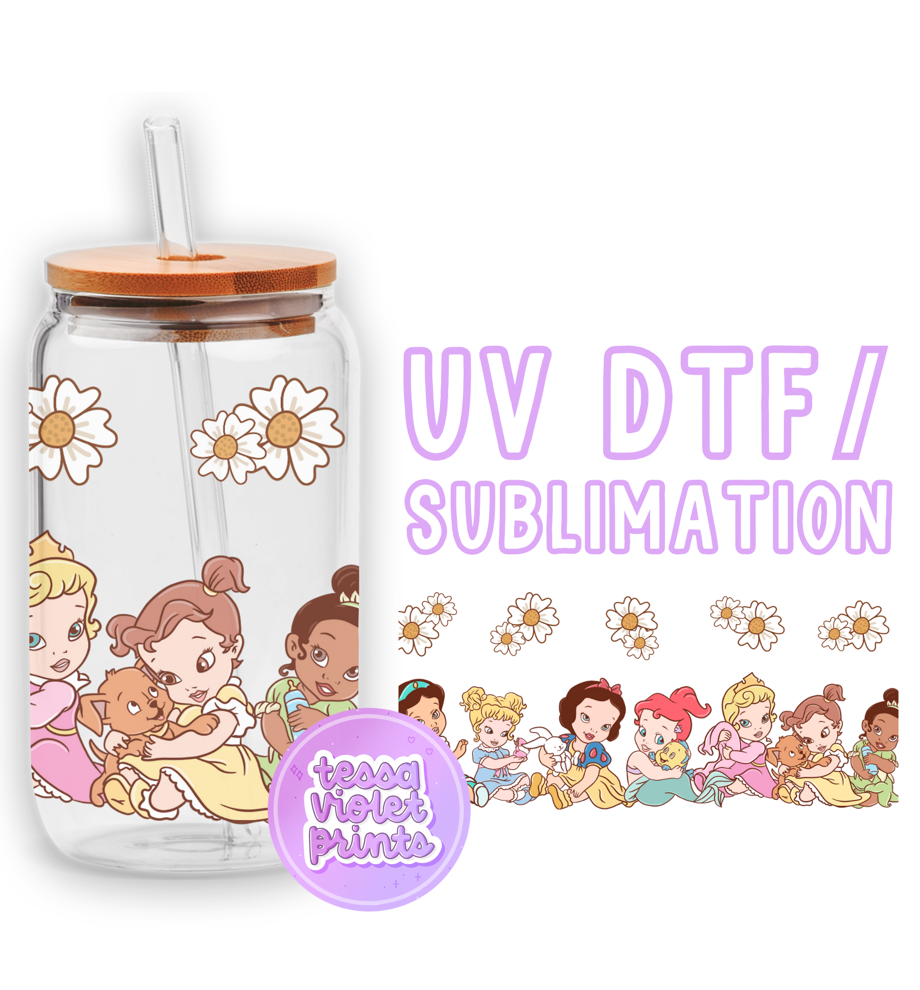 a glass cup with a straw lid and a picture of princesses on it