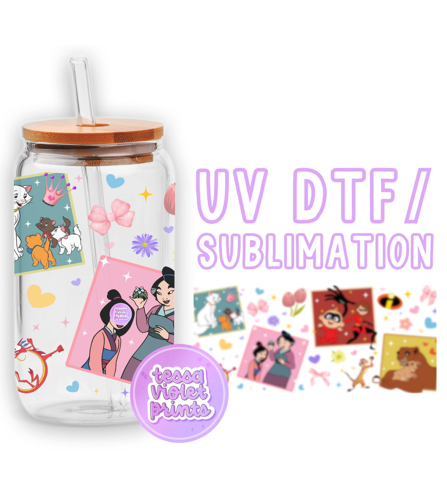 a glass jar with a lid and stickers on it