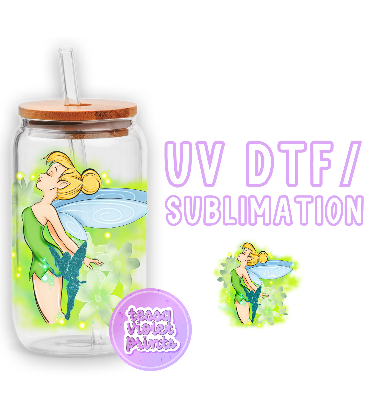 a glass jar with a picture of a fairy on it
