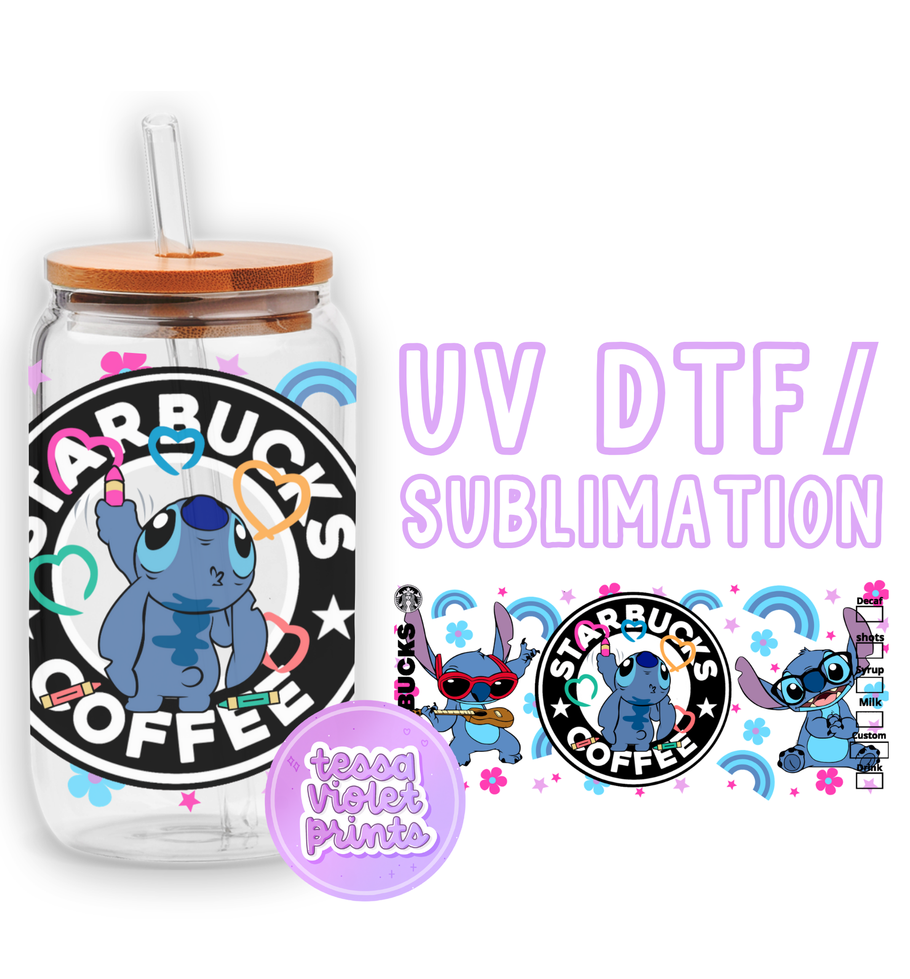 a glass jar with a sticker of a cartoon character on it