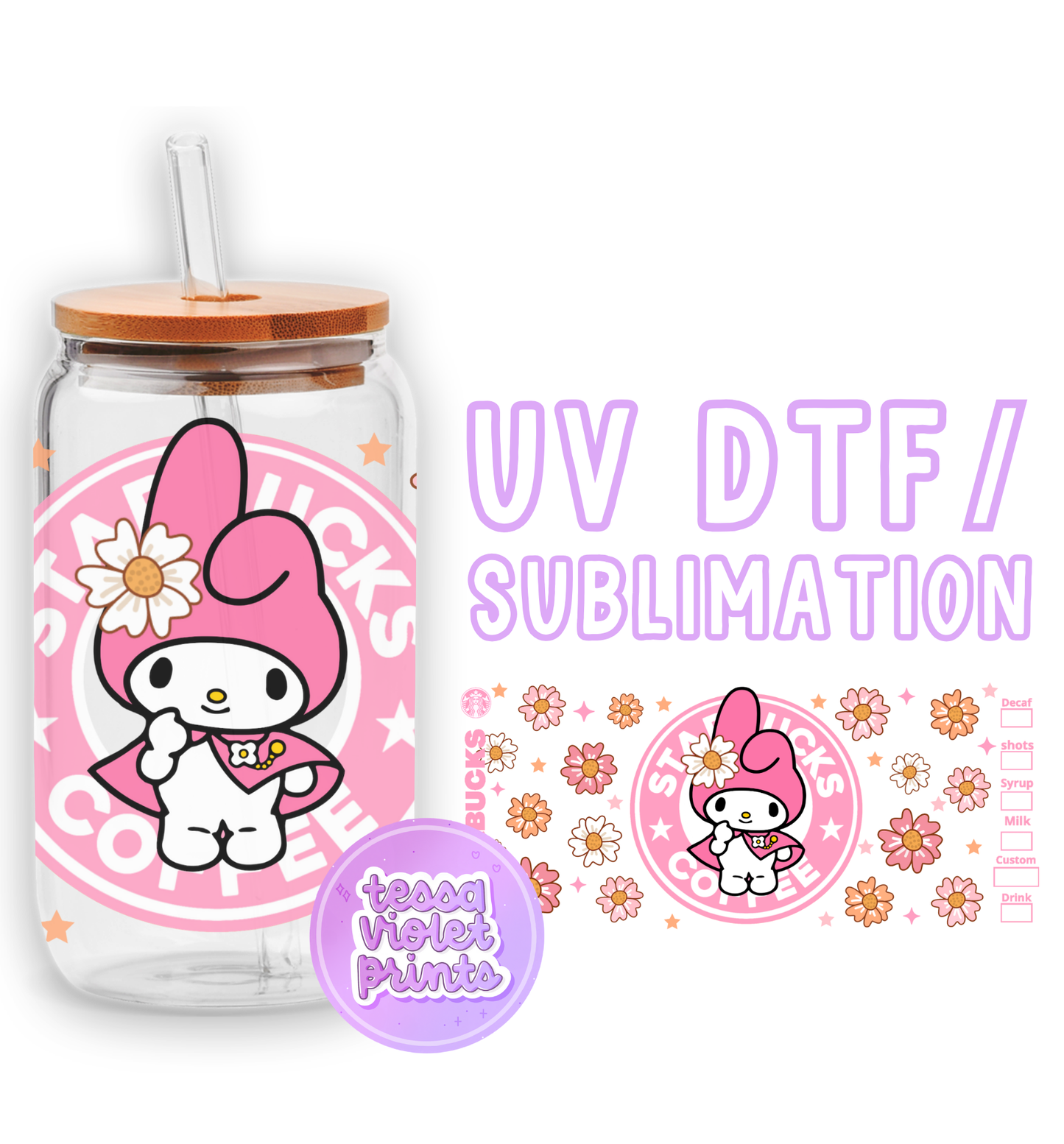 a glass jar with a hello kitty sticker on it