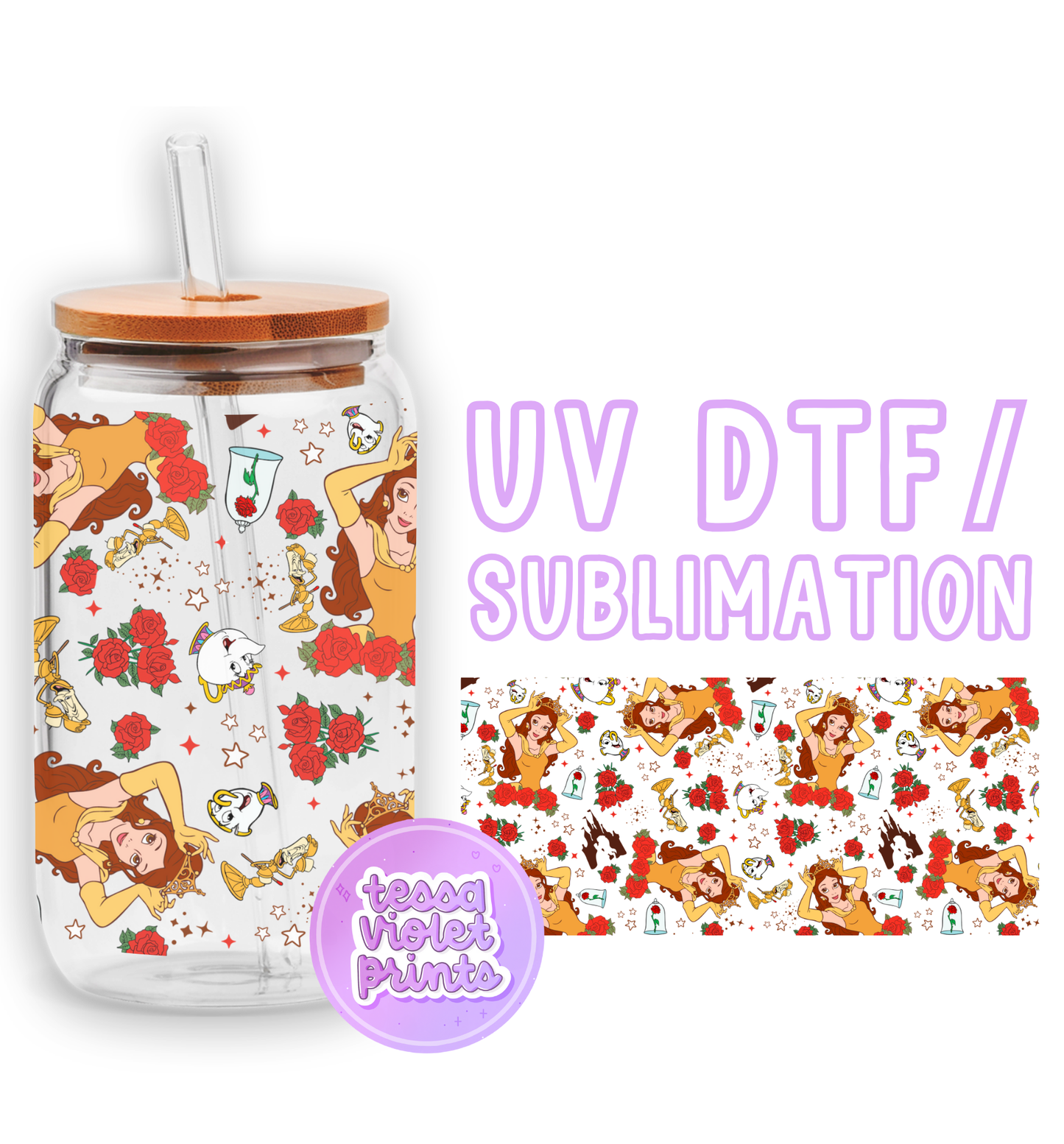 a glass jar with a pattern of cartoon characters on it