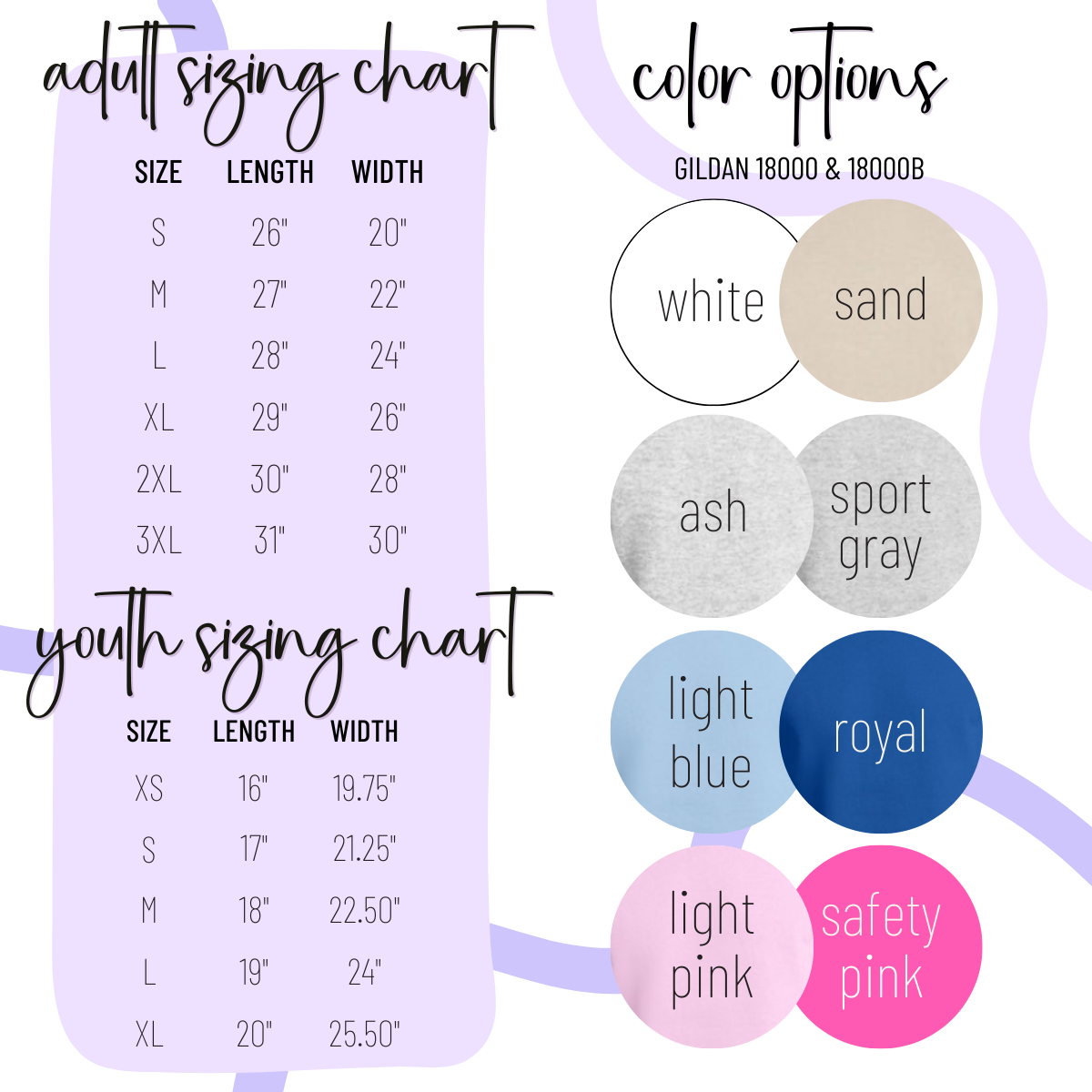a color chart for adult and youth sizes, along with color options for different clothing items. The chart provides size and length information for various clothing items, such as GILDA 1800 and 1800B, and color options like white, sand, ash, sport gray, light blue, royal, light pink, and safety pink. The chart is designed to help customers choose the appropriate size and color for their clothing items.