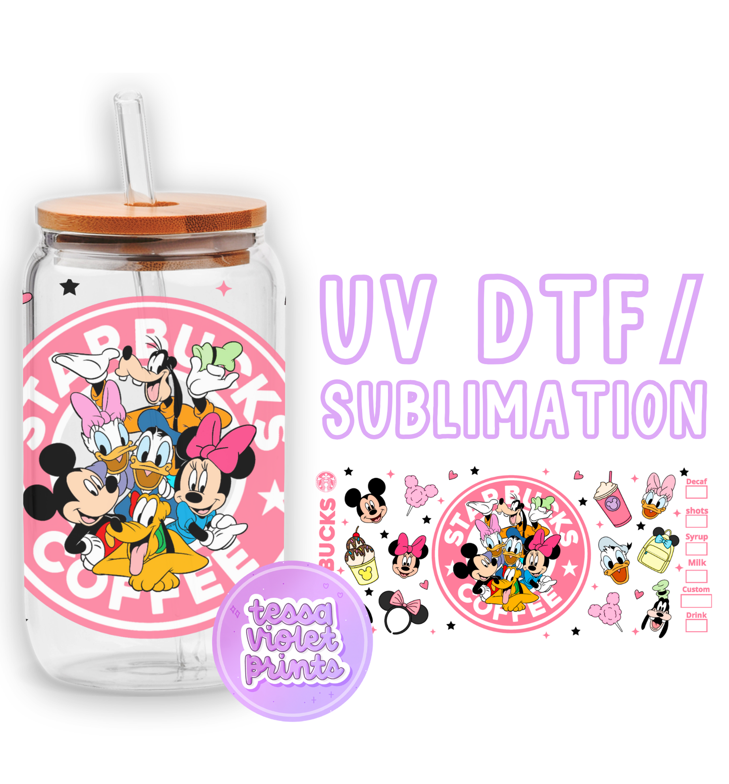 a glass jar with minnie mouse stickers on it