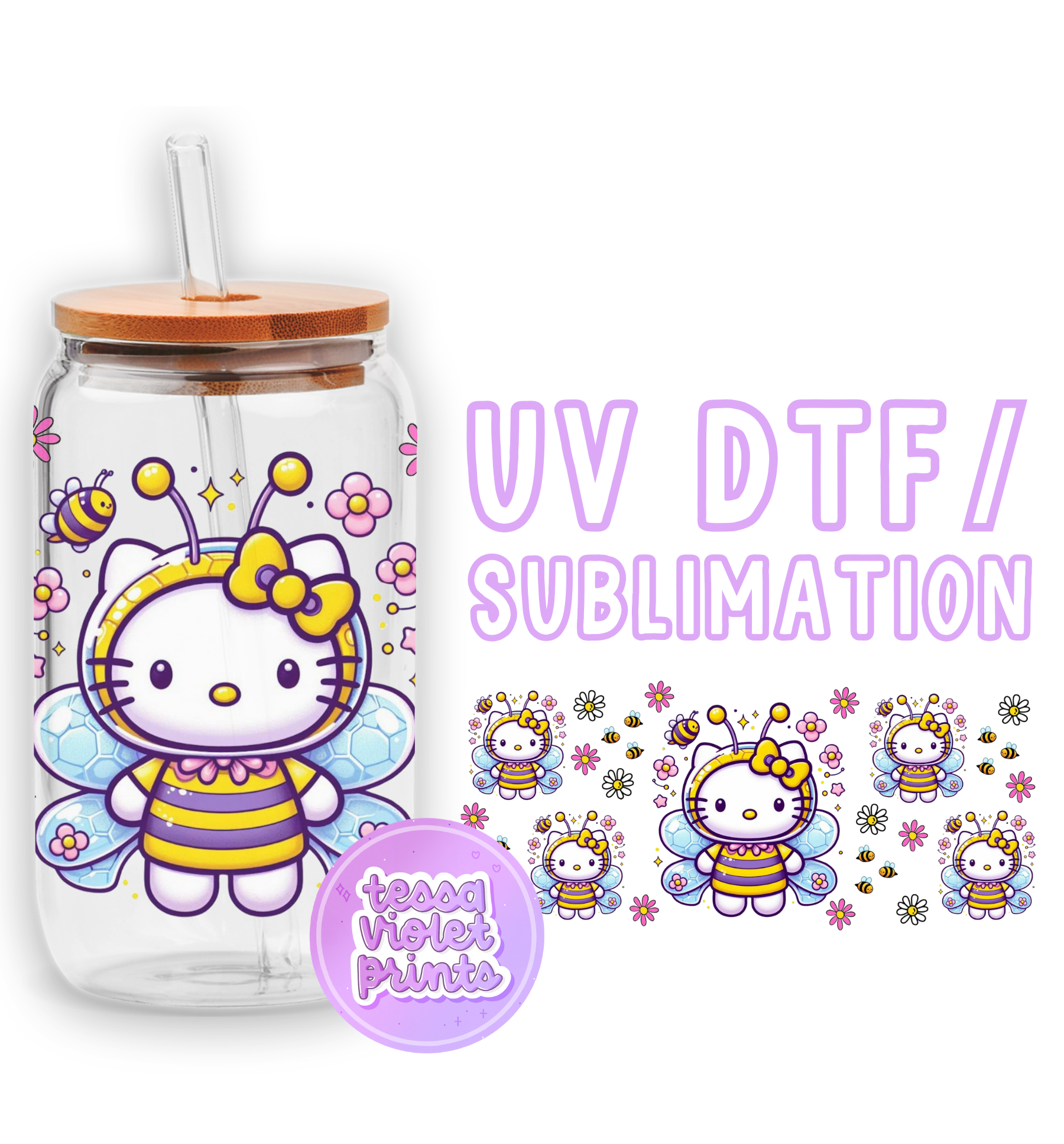 a glass jar with a hello kitty sticker on it