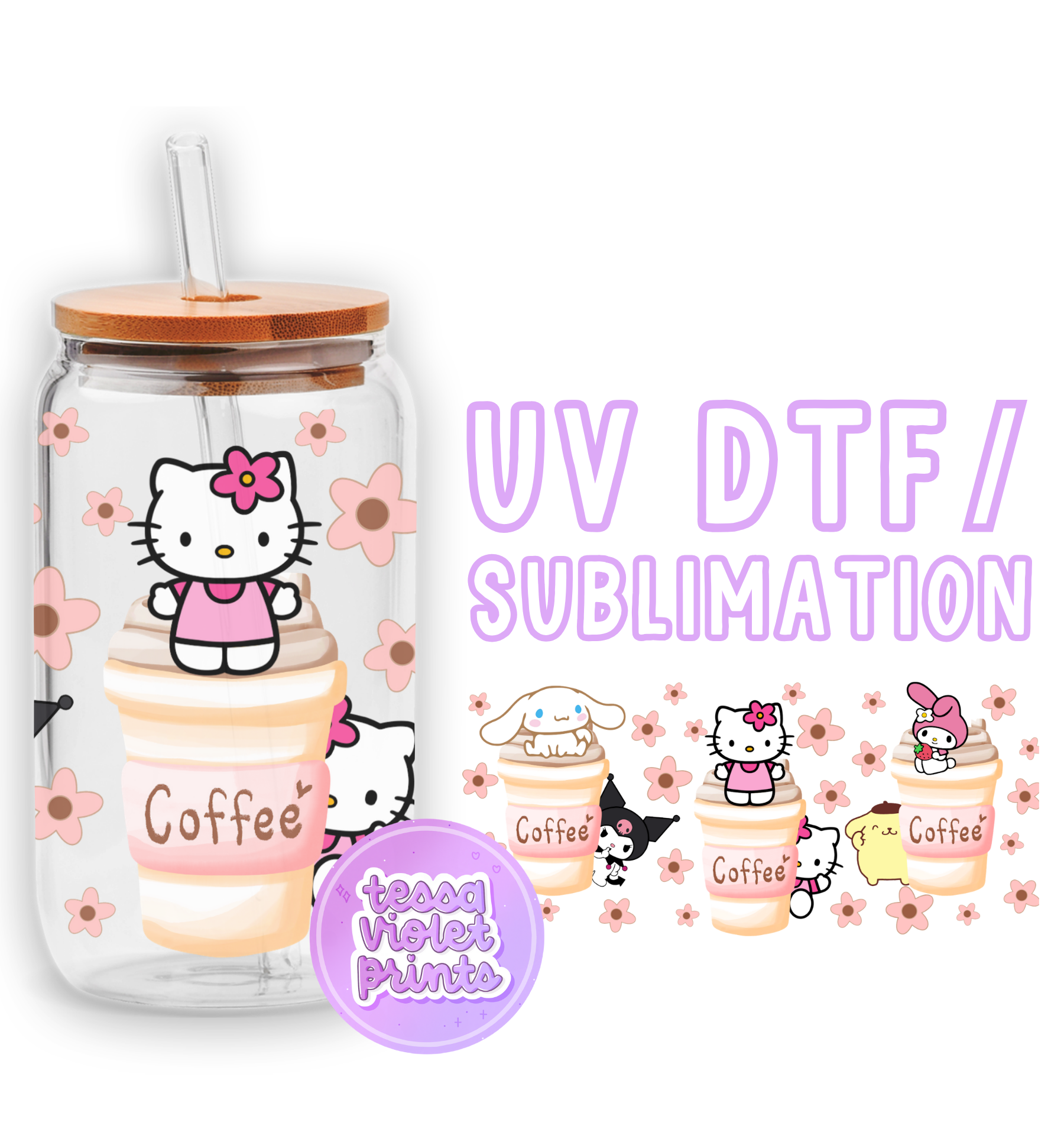 a glass jar with hello kitty stickers on it