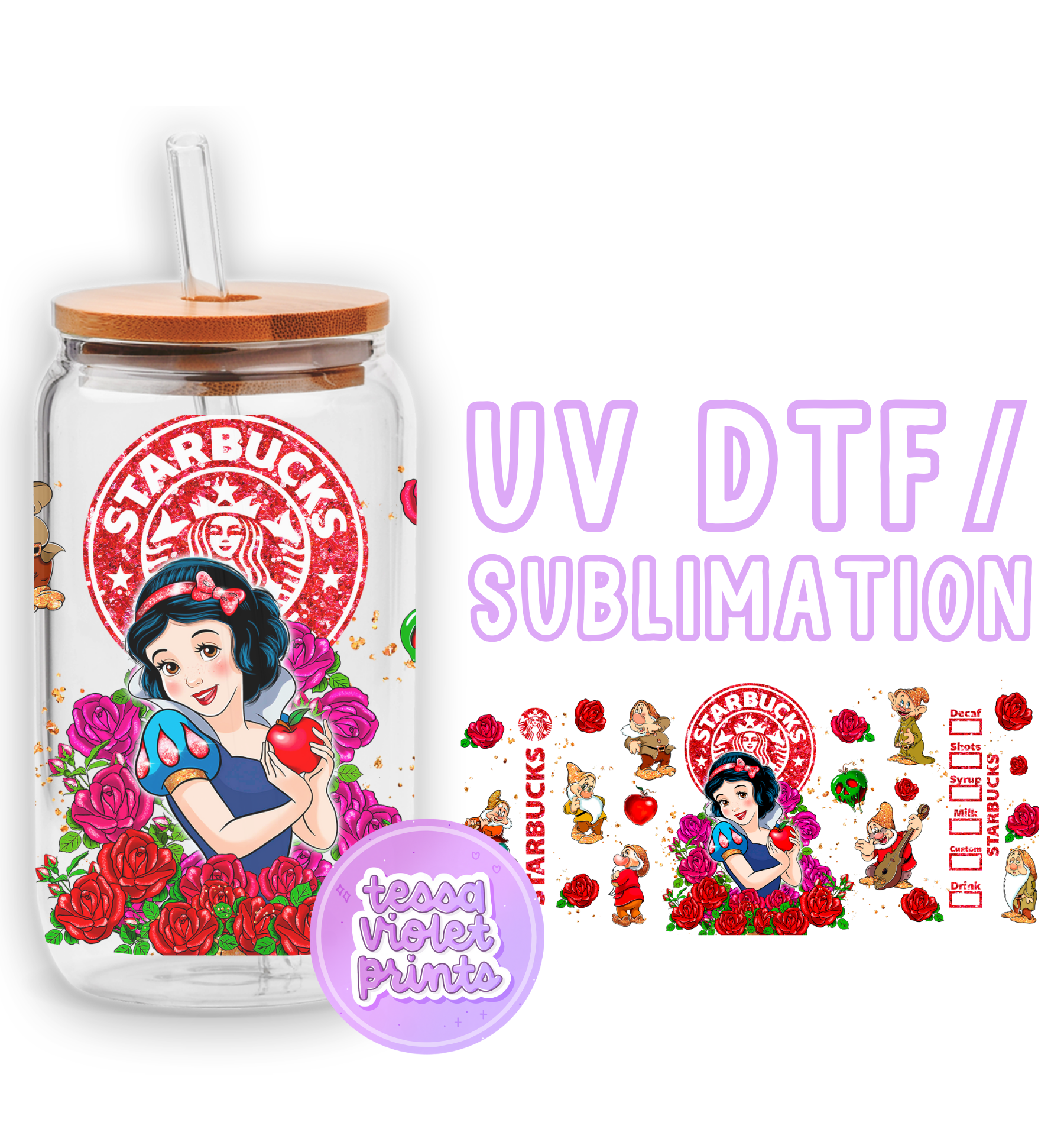 a glass jar with a sticker of snow white and red roses on it